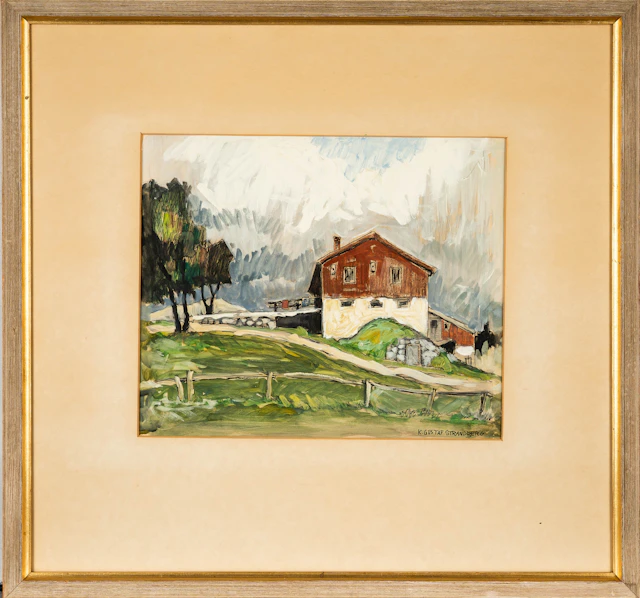 KARL GUSTAF STRANDBERG. Blandteknik på papper, Hus i landskap, Signerad.