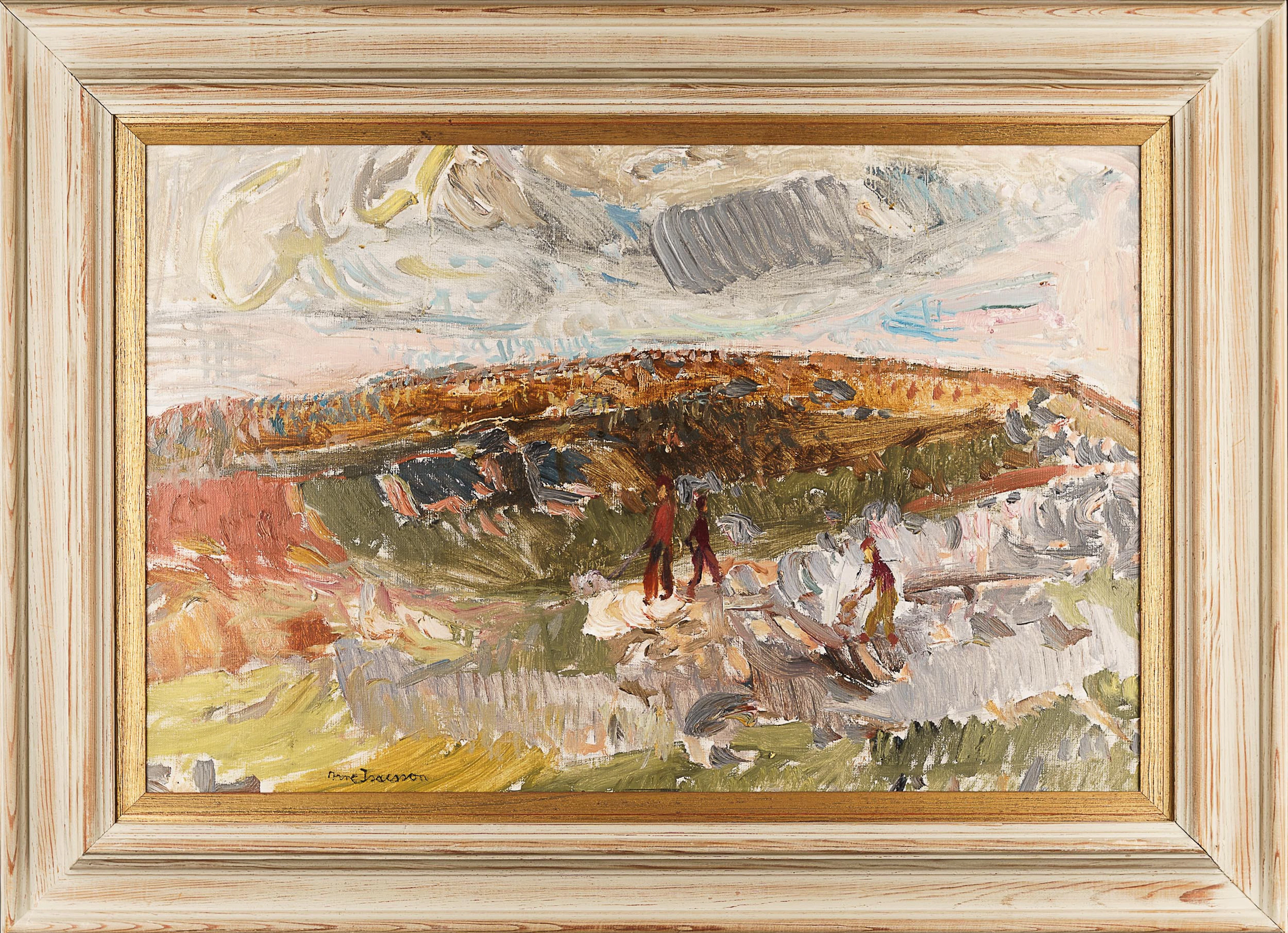 ARNE ISACSSON. Olja på duk, Figurer i landskap, Signerad.