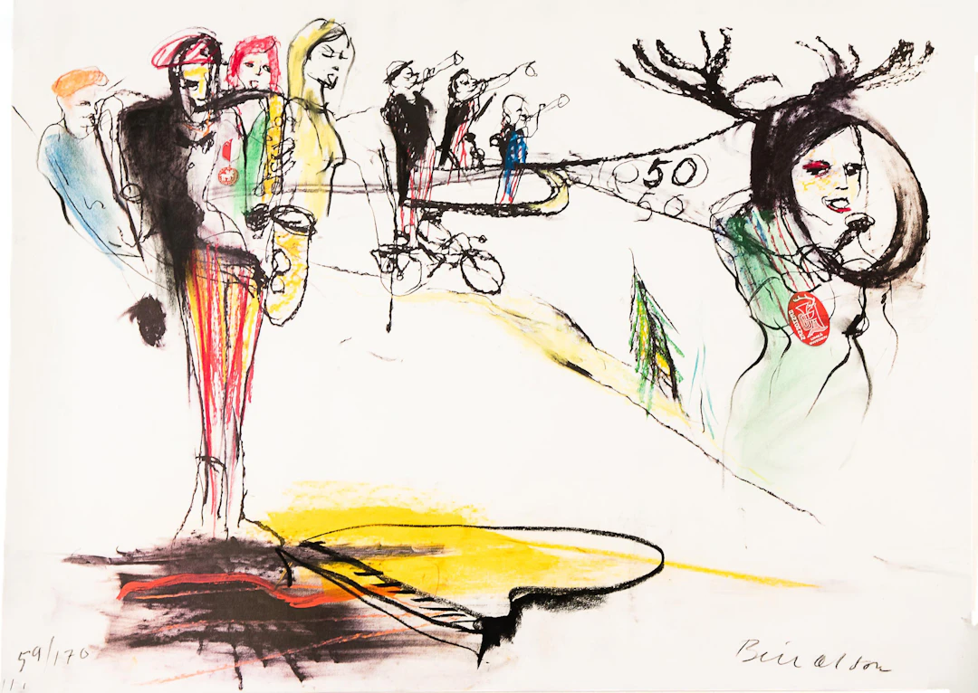 BILL OLSON. Färglitografi, Handkolorerat, Figurscen, Numrerad: 59/170