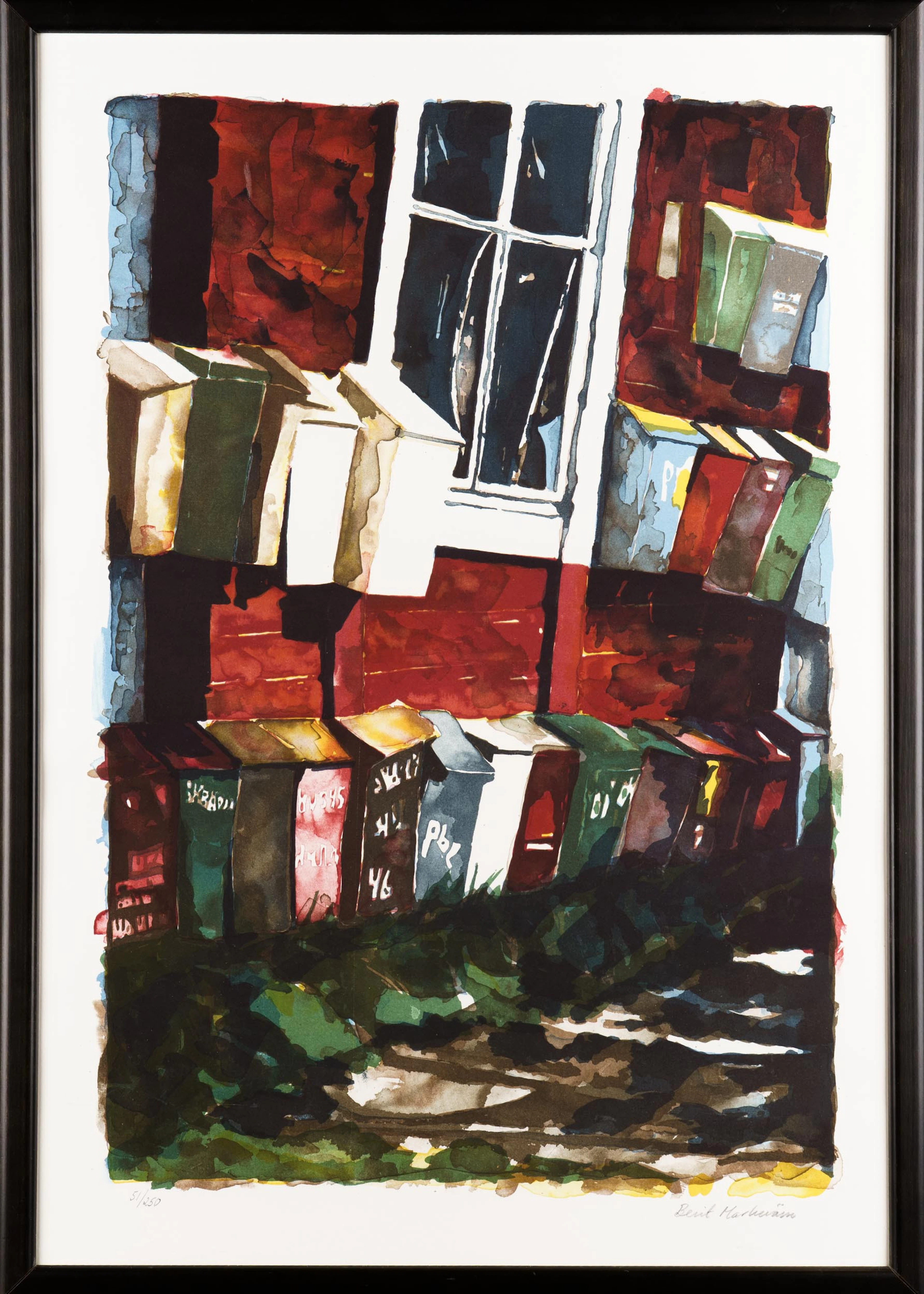 BERIT MARKEVÄRN. Färglitografi, Brevlåde-motiv, Nr 51/250, Signerad.