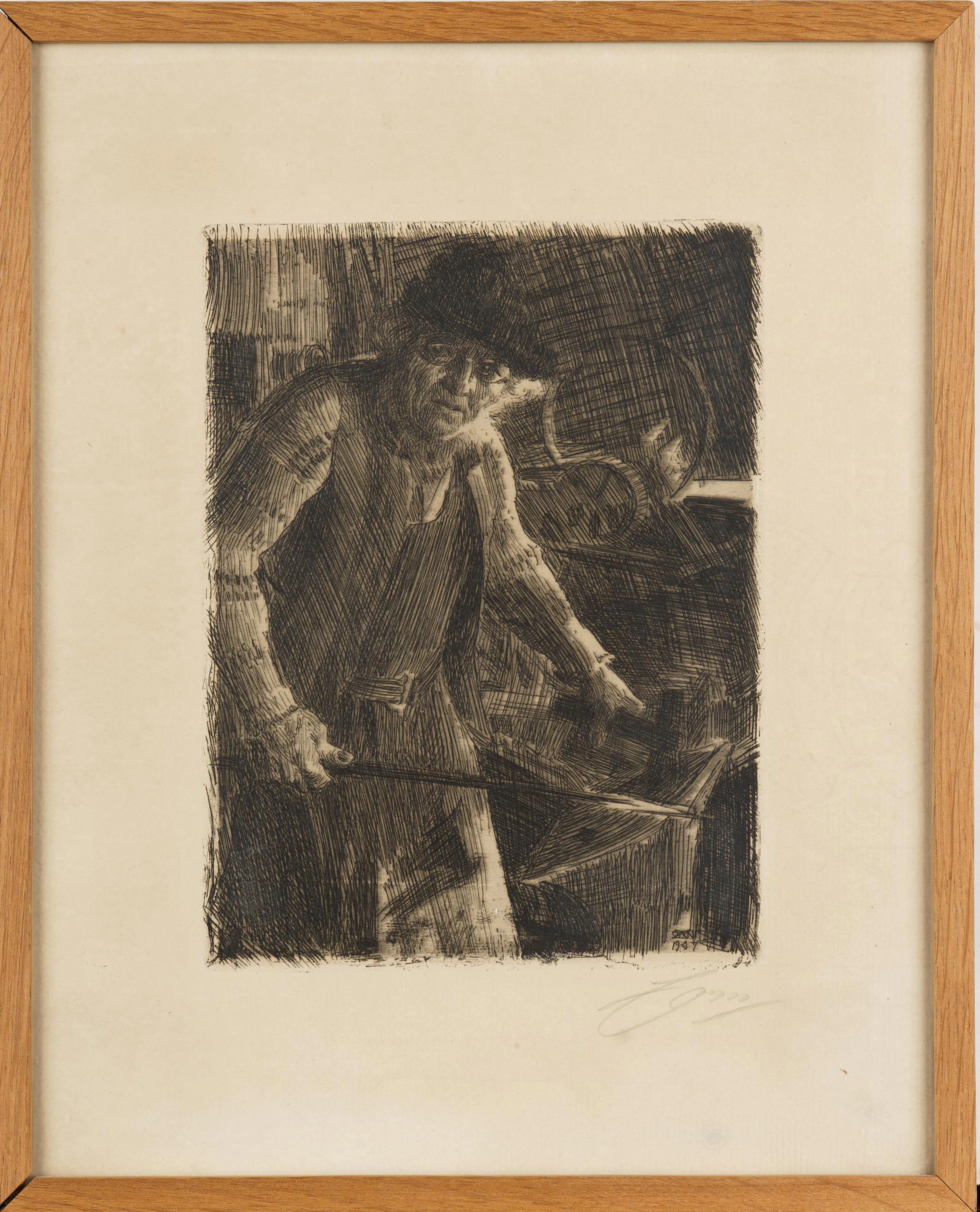 ANDERS ZORN. Etsning "Mästersmeden" Signerad, 1907.