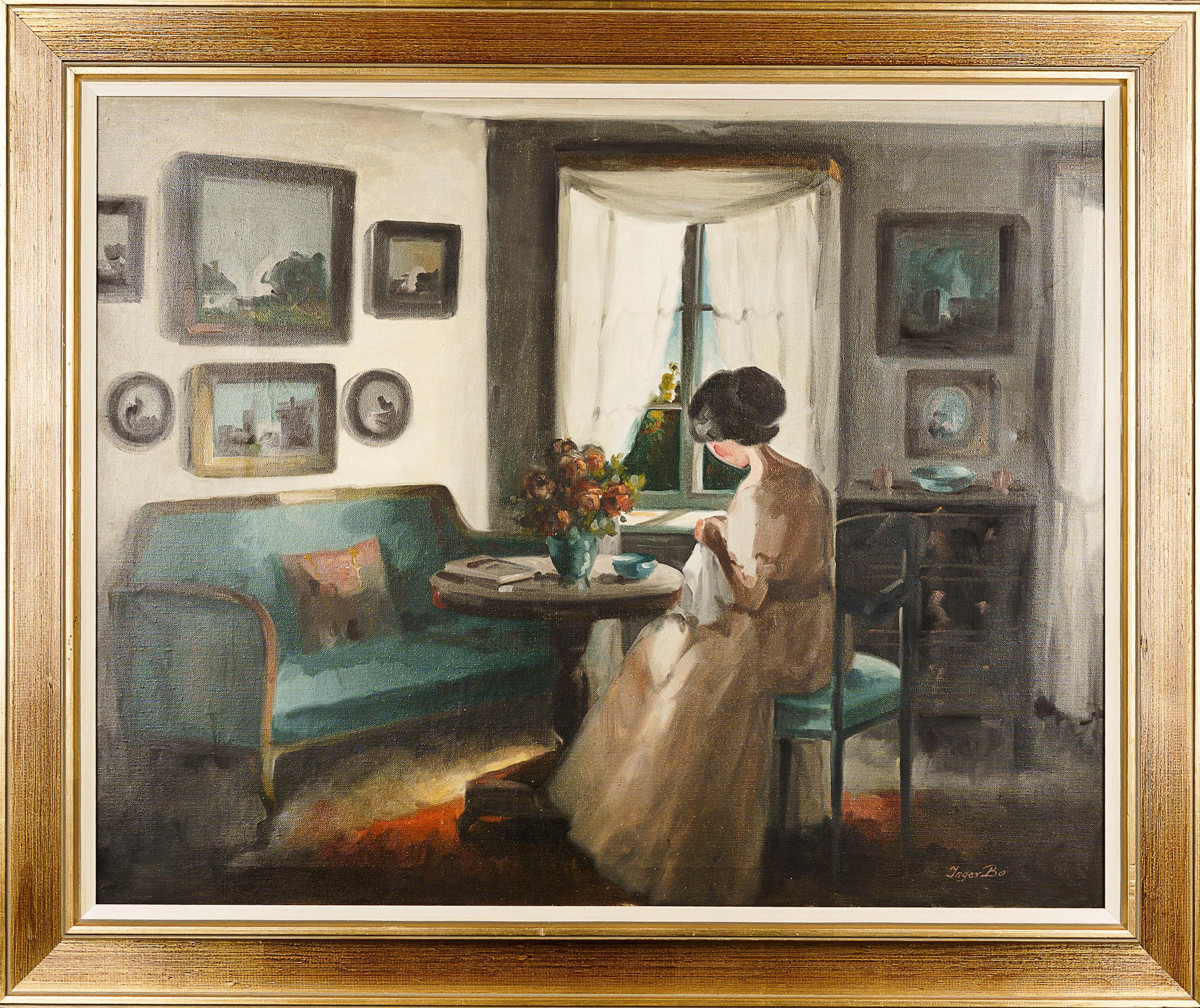 INGER BO. Olja på duk, Figur i interiör, Signerad.