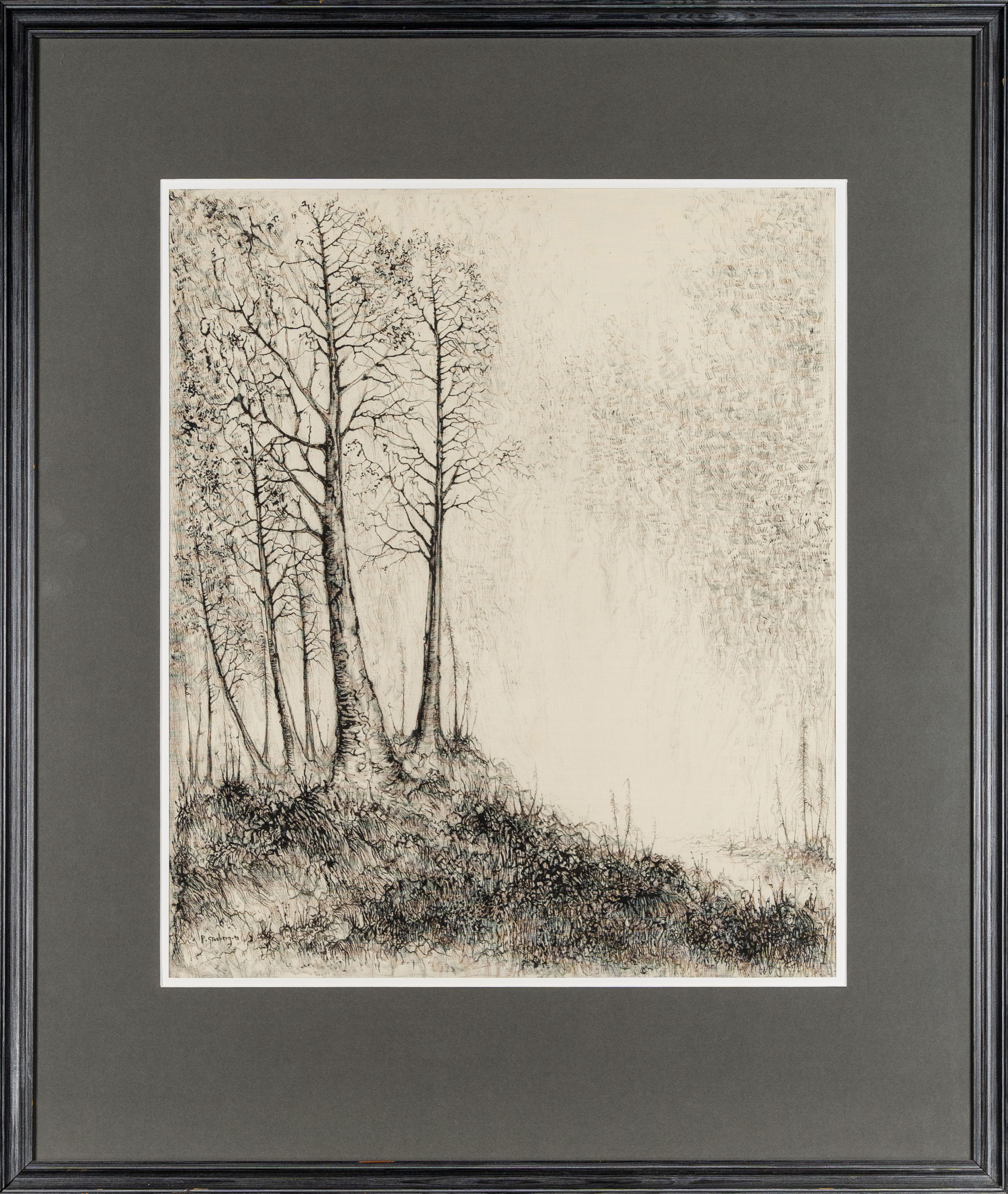 PELLE GRANBERG. Blandteknik/tusch på canvas, skogsmotiv, signerad P. Granberg.