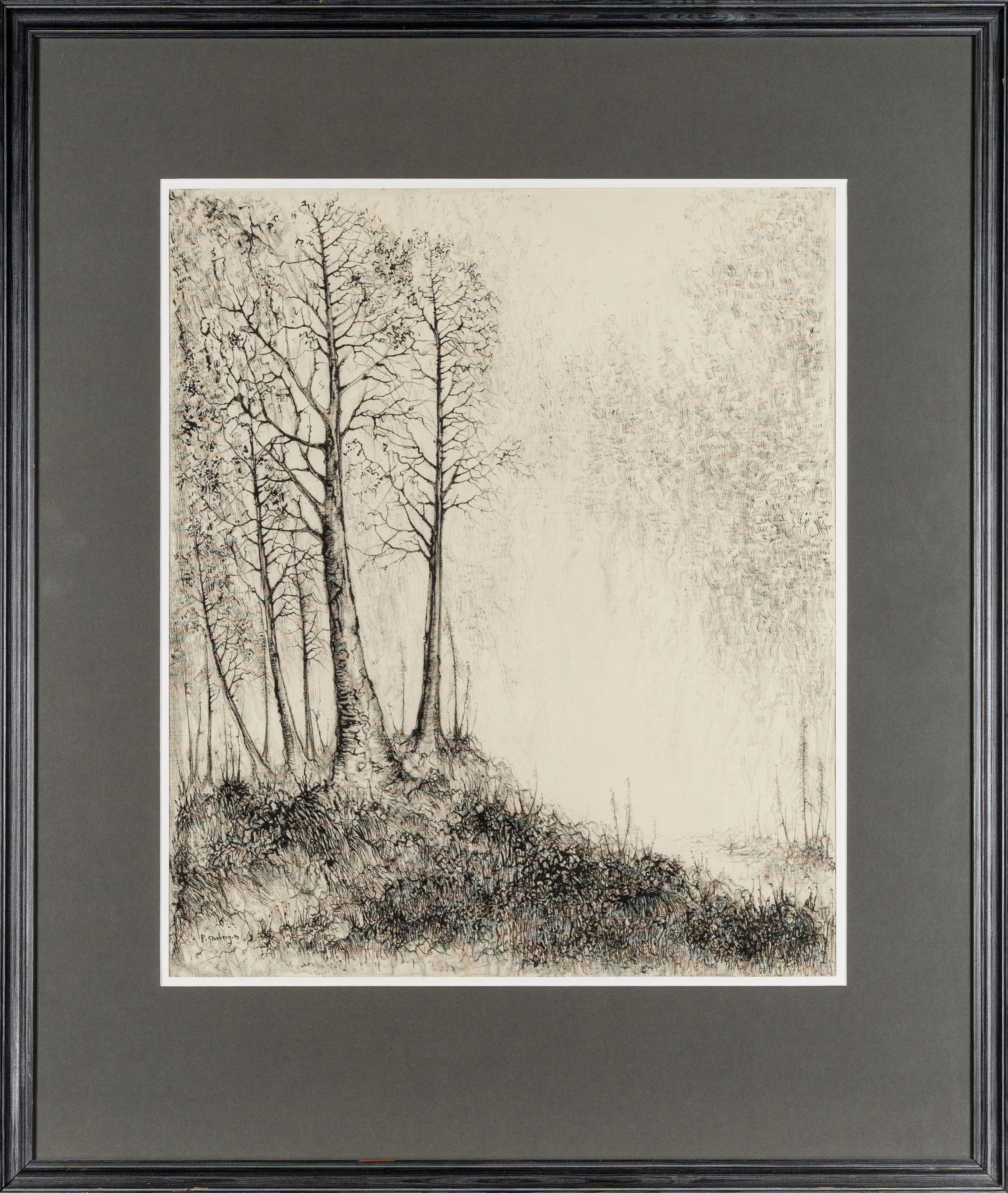 PELLE GRANBERG. Blandteknik/tusch på canvas, skogsmotiv, signerad P. Granberg.