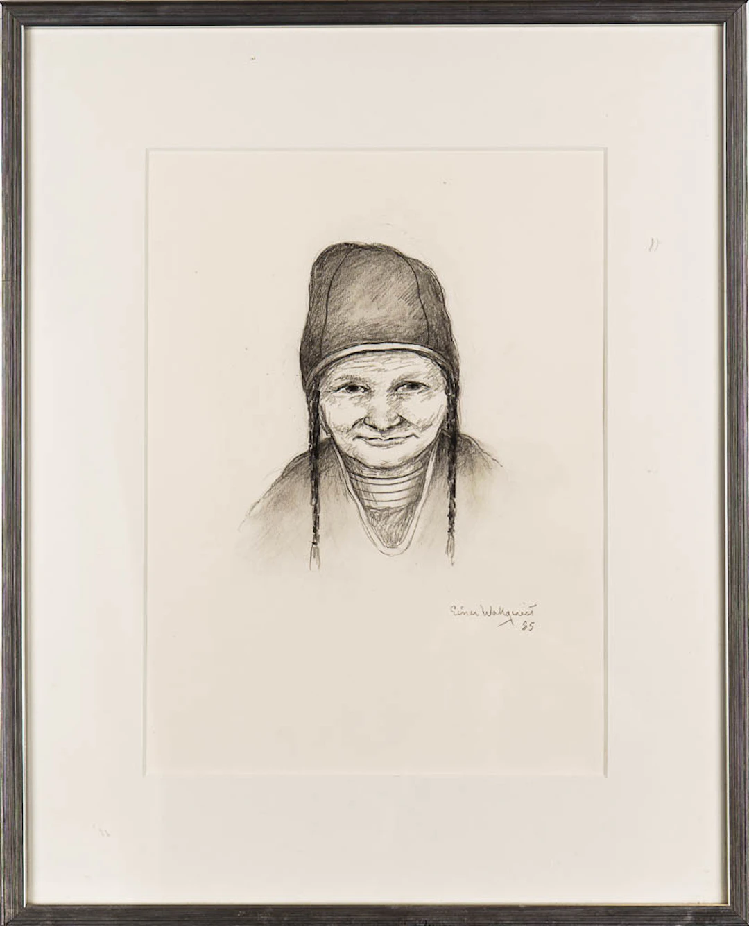 EINAR WALLQUIST. Kolteckning "Samekvinna", Signerad & Daterad 1985.