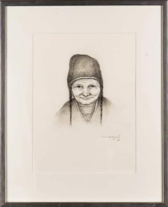 EINAR WALLQUIST. Kolteckning "Samekvinna", Signerad & Daterad 1985.