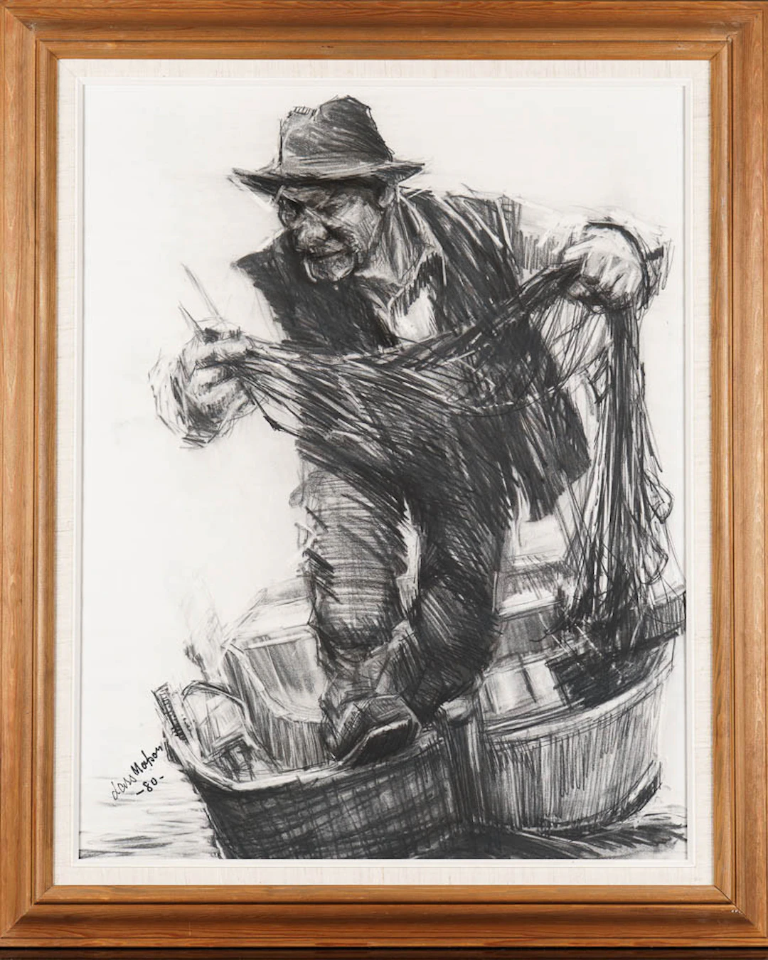 LARS MATSON. Kolteckning/Blandteknik, "Fiskare från Storvindeln"