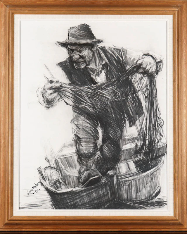 LARS MATSON. Kolteckning/Blandteknik, "Fiskare från Storvindeln"