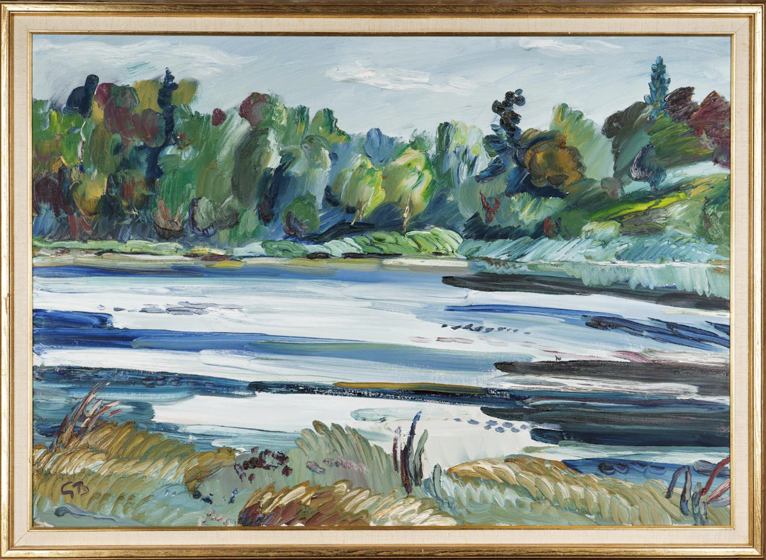 GÖRAN BRUNIUS. Olja på duk, "Den skogiga viken, Hedsjön", Signerad GB.