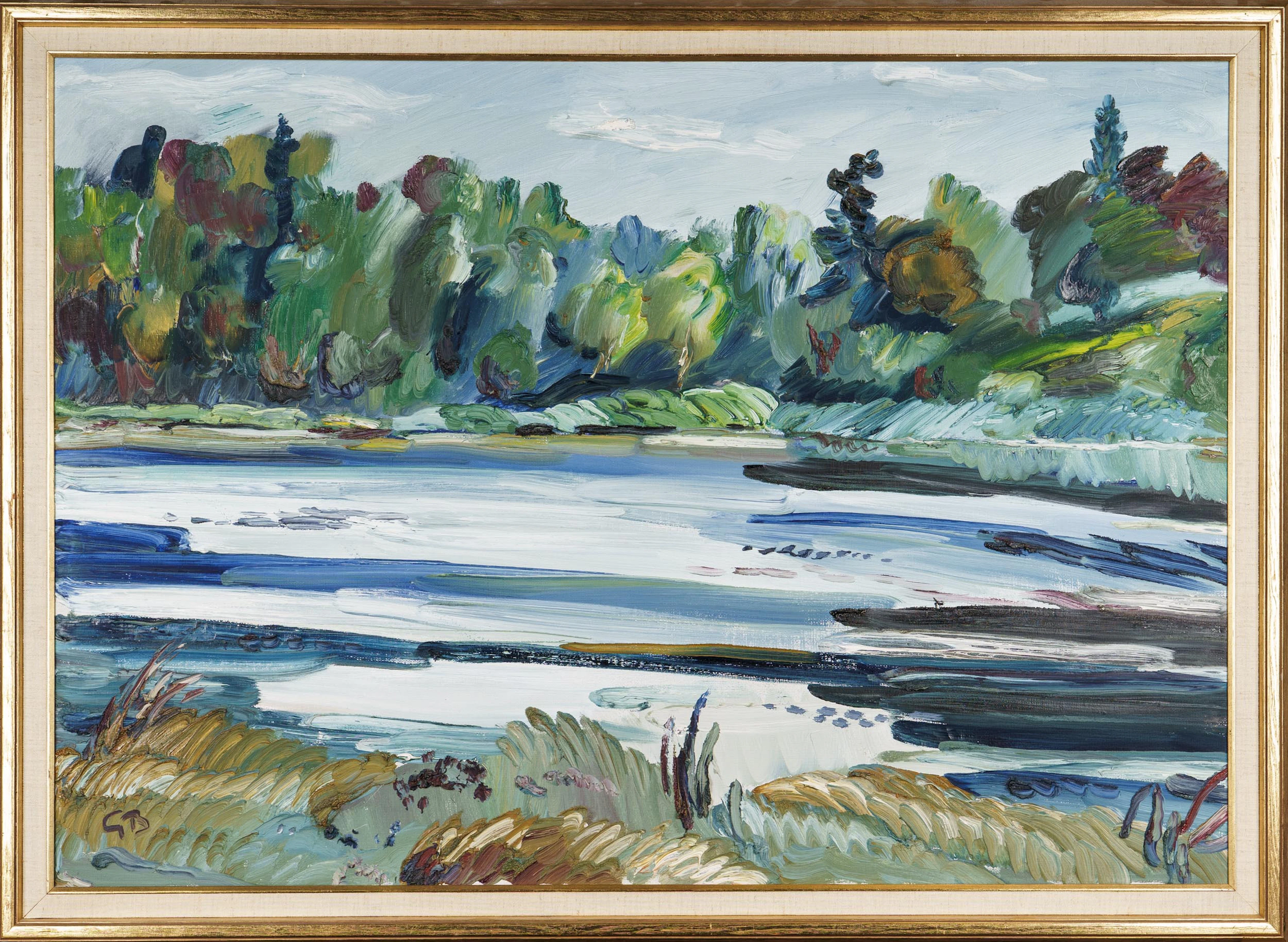 GÖRAN BRUNIUS. Olja på duk, "Den skogiga viken, Hedsjön", Signerad GB.