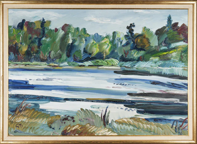 GÖRAN BRUNIUS. Olja på duk, "Den skogiga viken, Hedsjön", Signerad GB.