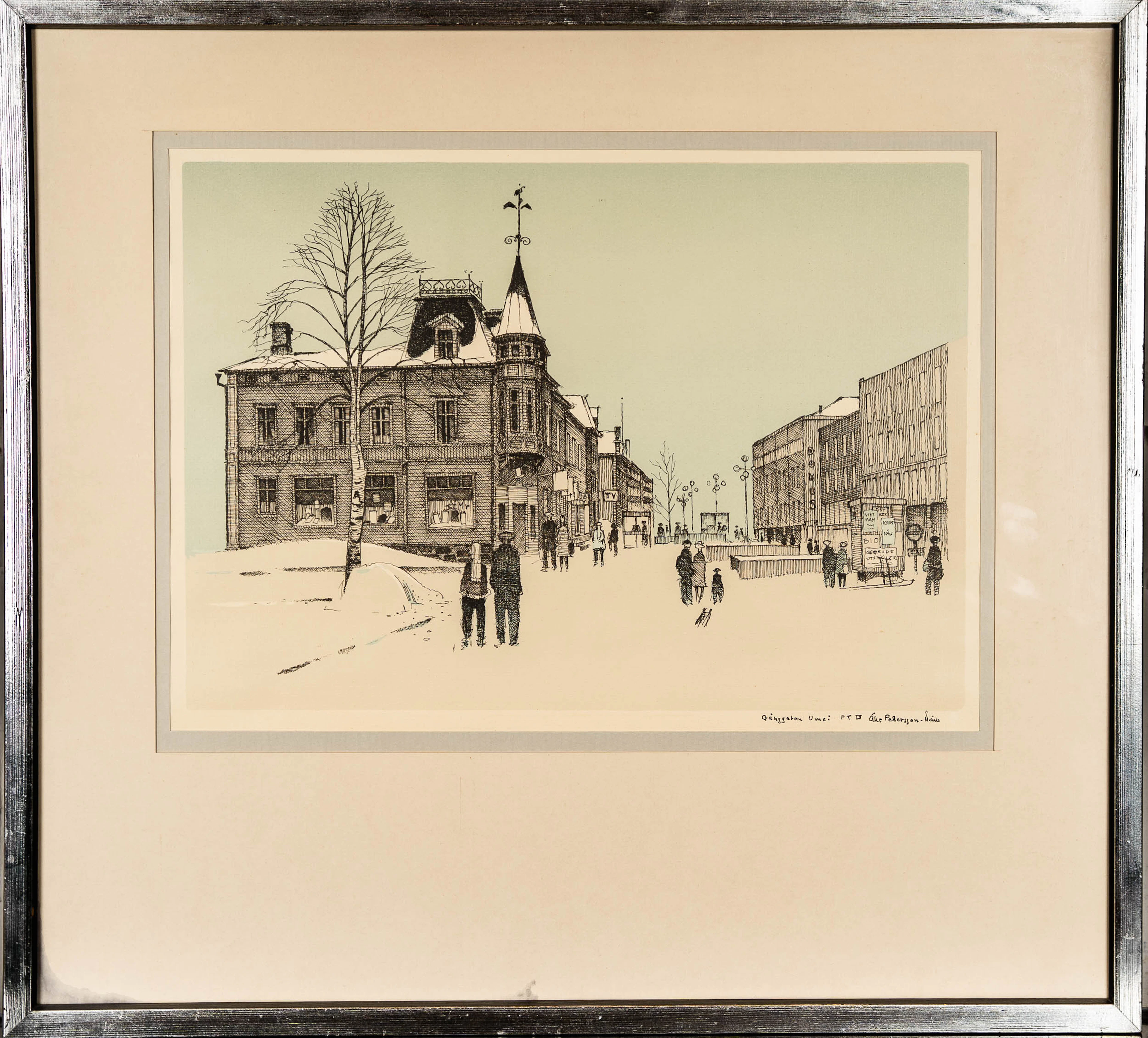 ÅKE PETTERSSON-NÅW. Färglitografi, "Gånggatan Umeå", Provtryck, Signerad.