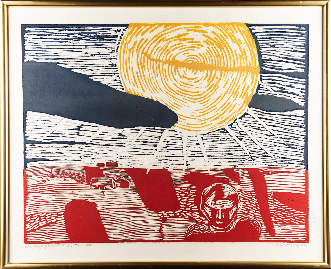 ALF OLSSON. Färglitografi, "Van Gogh på slätten, Signerad, daterad