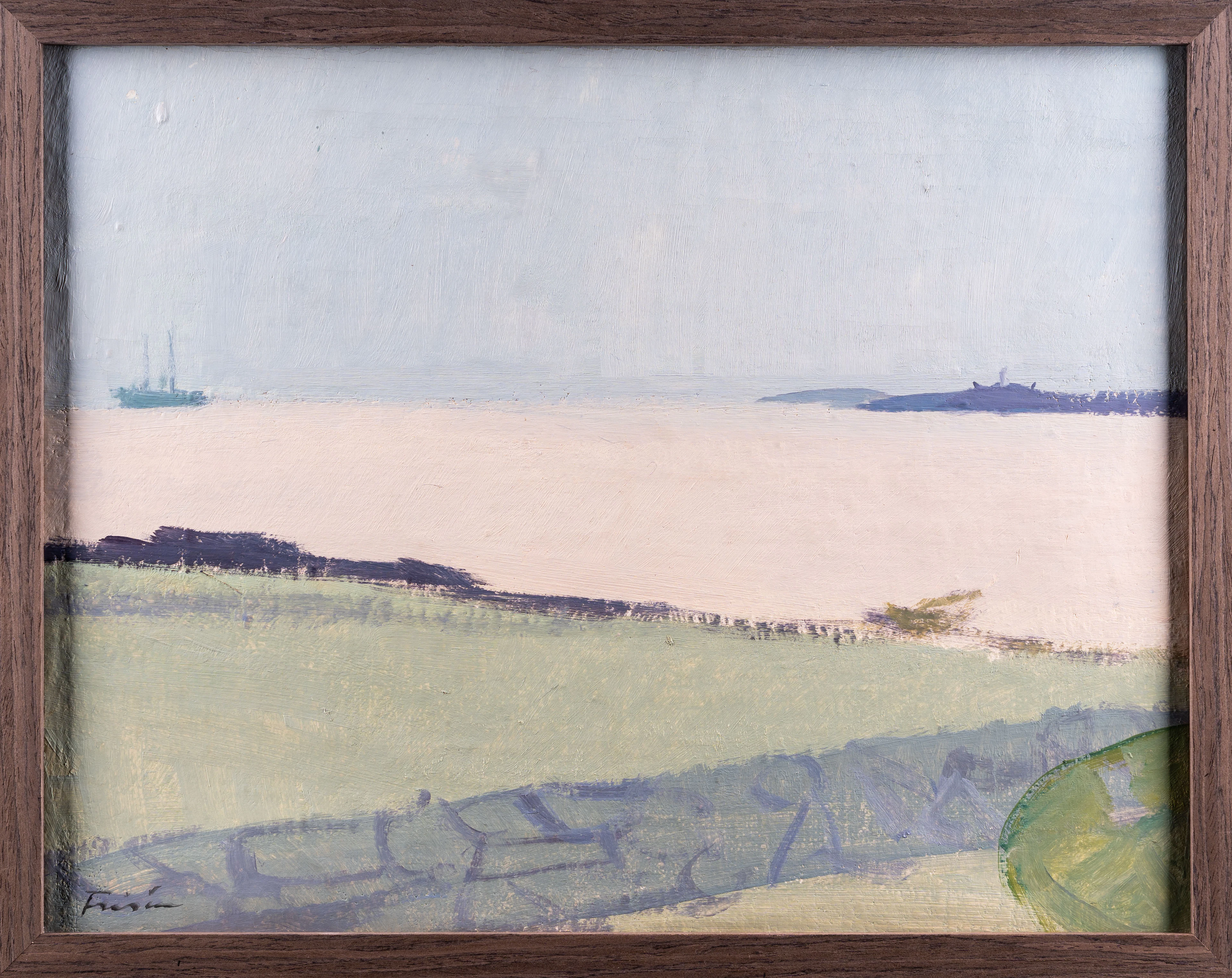 VERA FRISÉN. Olja på duk, Vattenvy med skepp, 1900-tal.