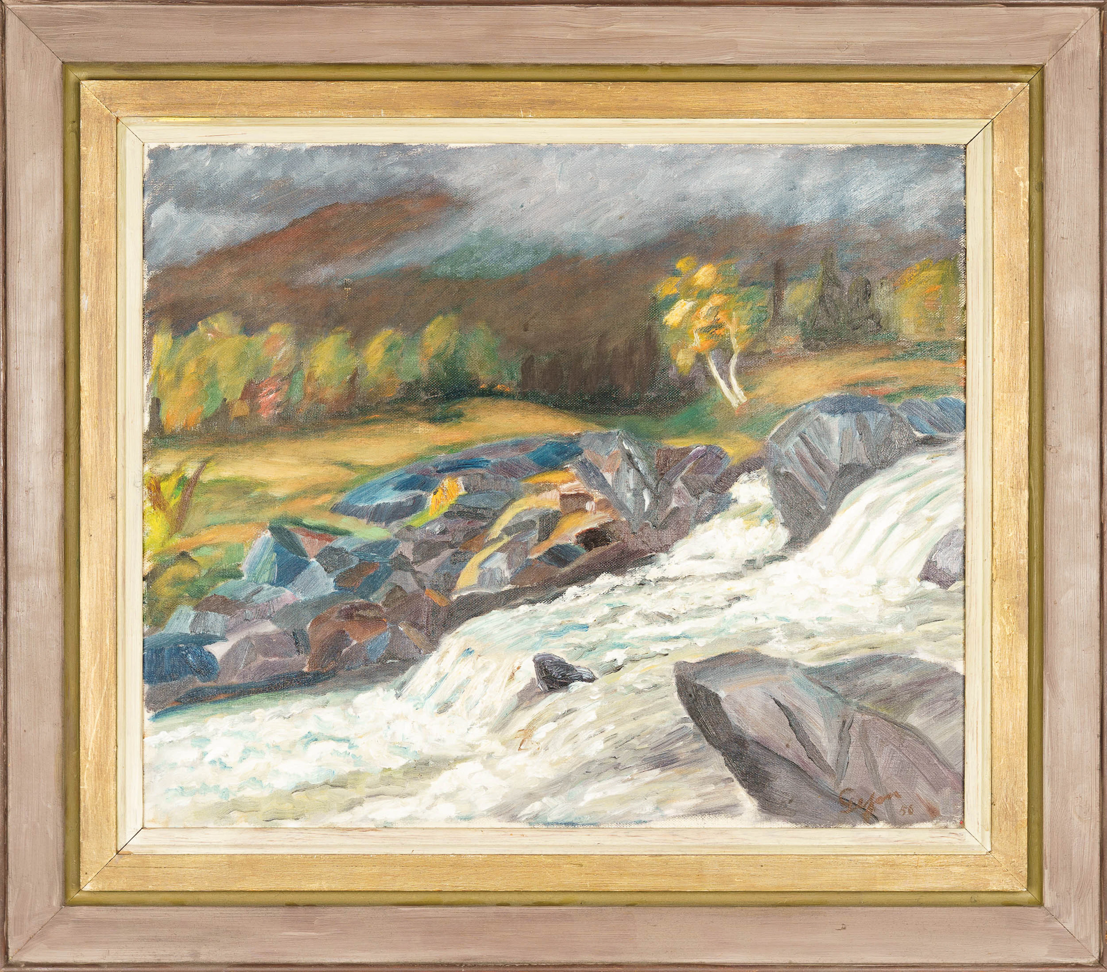 OIDENTIFIERAD KONSTNÄR. Olja på duk, Landskapsmotiv, Signerad: Geson, 1956.