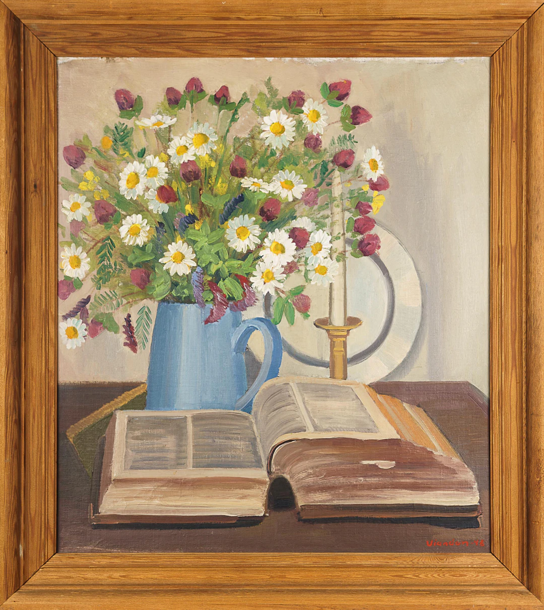 EJNAR VIANDEN. Olja på duk, "Gammal bibel med ängsblommor" signerad