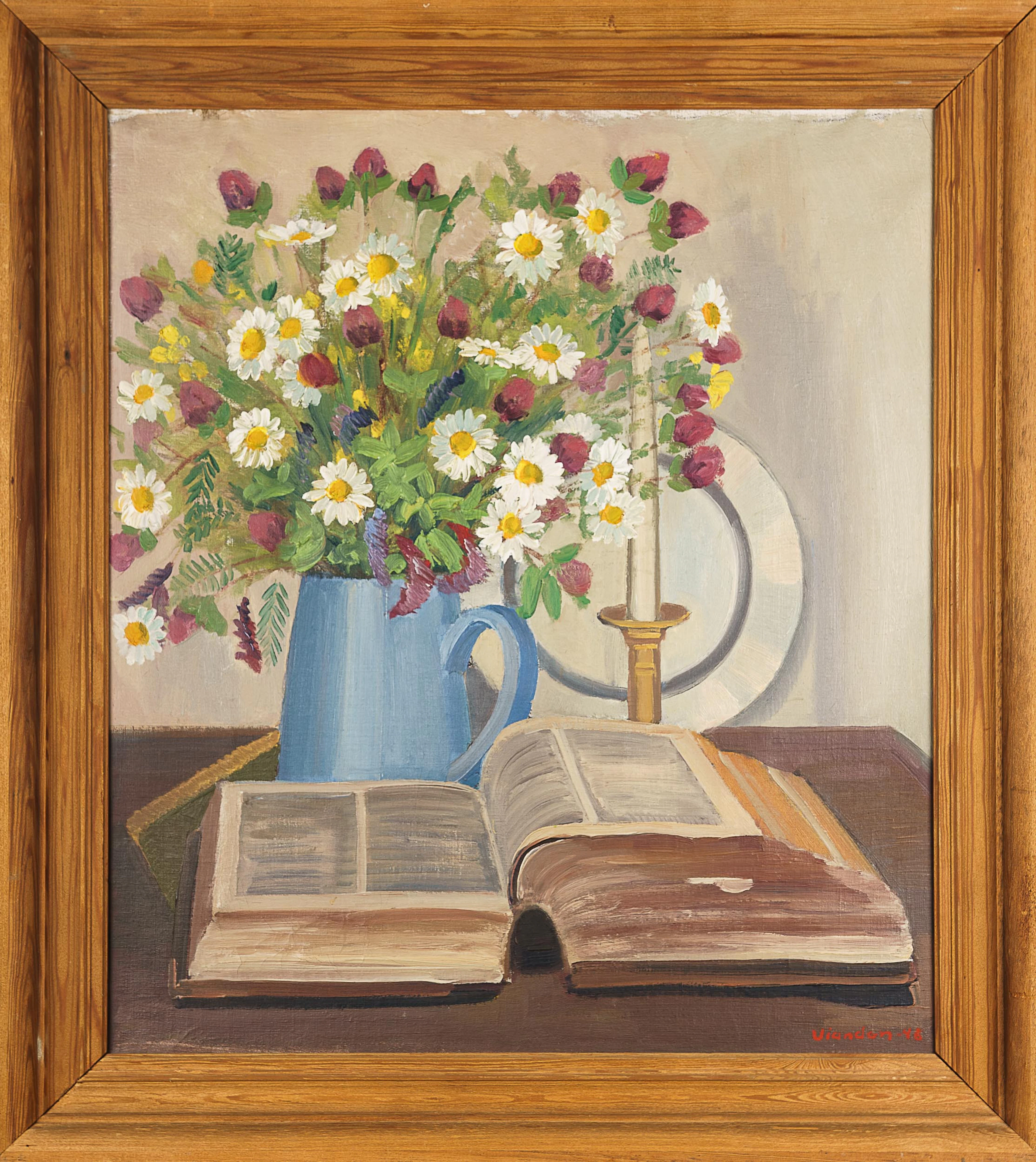 EJNAR VIANDEN. Olja på duk, "Gammal bibel med ängsblommor" signerad