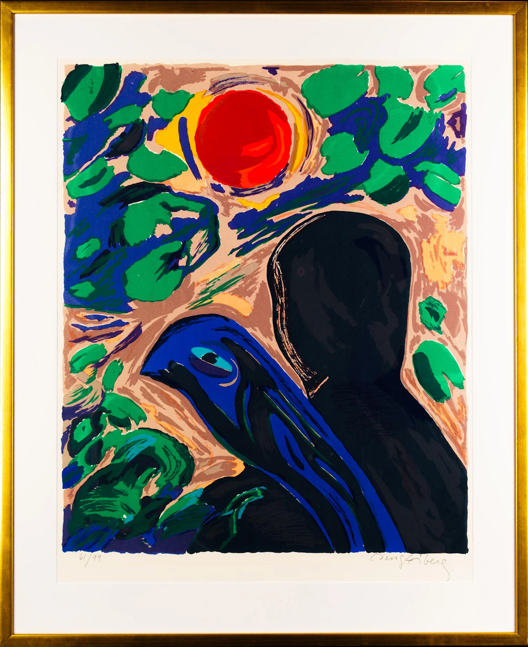 BENGT ÅBERG. Färglitografi, Blå fågel-motiv, Nr 61/99, Signerad.