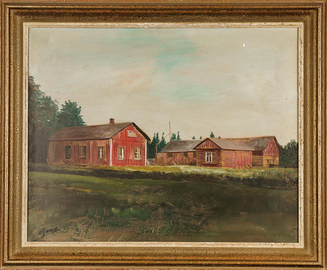OIDENTIFIERAD KONSTNÄR. Olja på duk, Gårdsmotiv, Signerad.