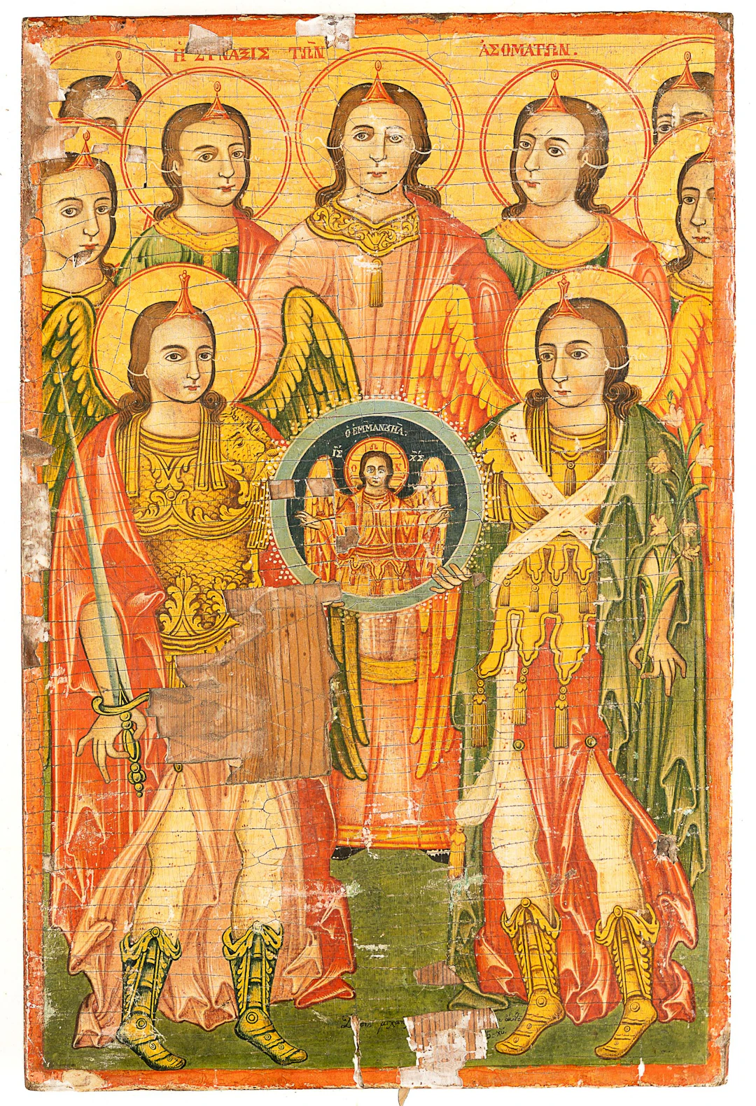 IKON, "Ärkeänglarnas synaxis", blandteknik på träpanel, östortodox, 1800-tal.