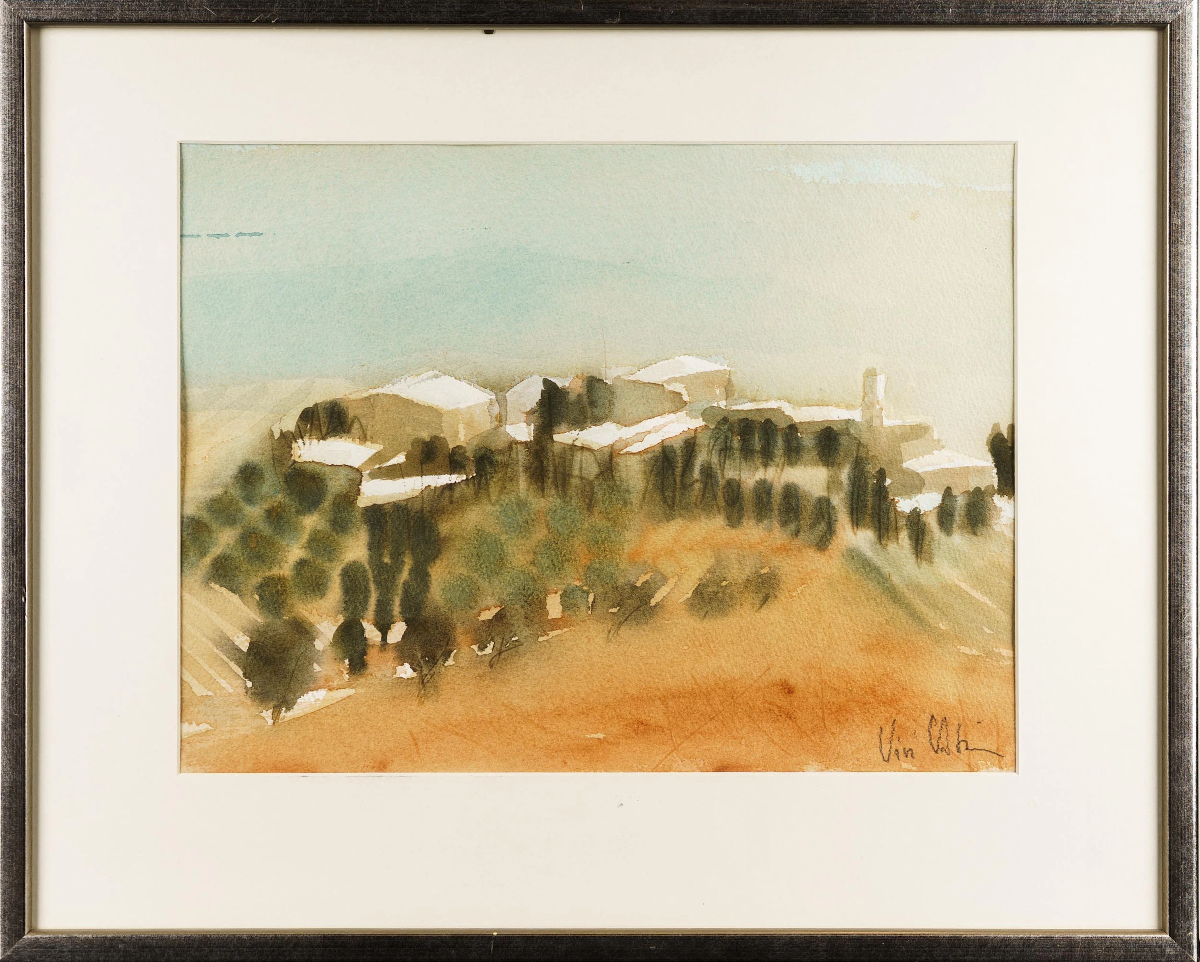 VIVI VATSIOU. Akvarell på papper, "Bylandskap i St Antimo, Toscana", Signerad.