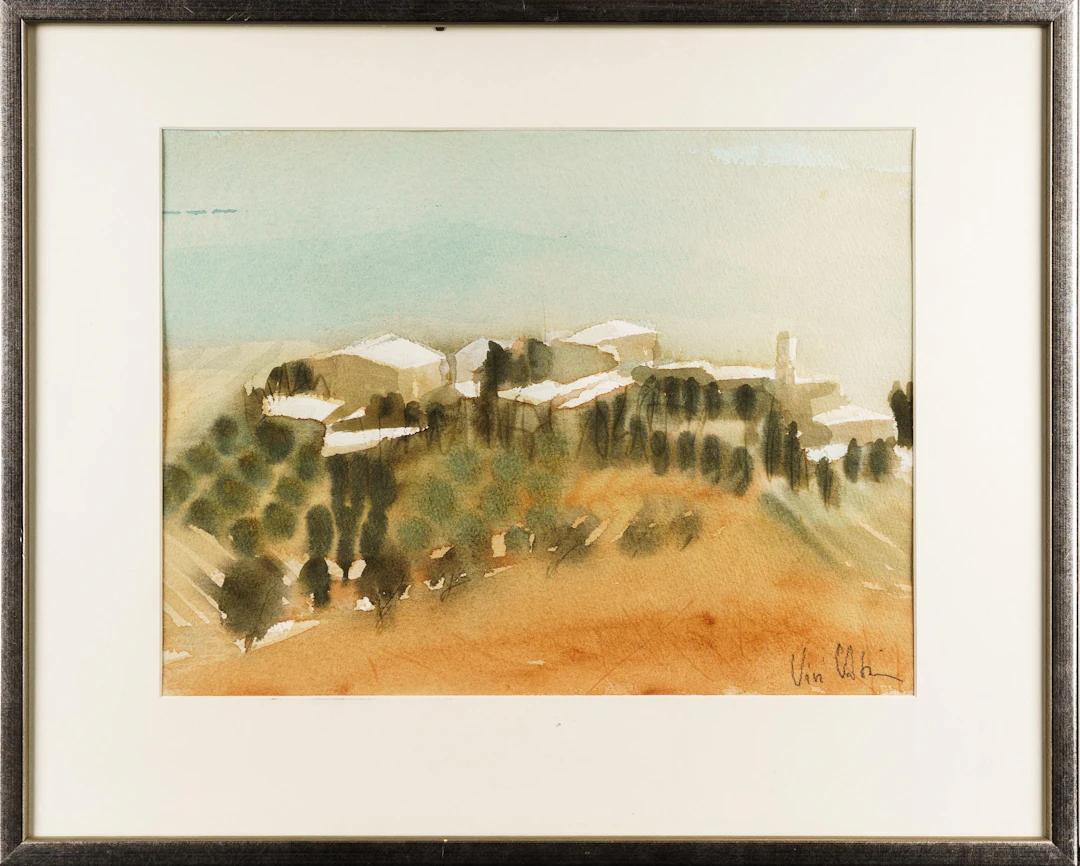 VIVI VATSIOU. Akvarell på papper, "Bylandskap i St Antimo, Toscana", Signerad.