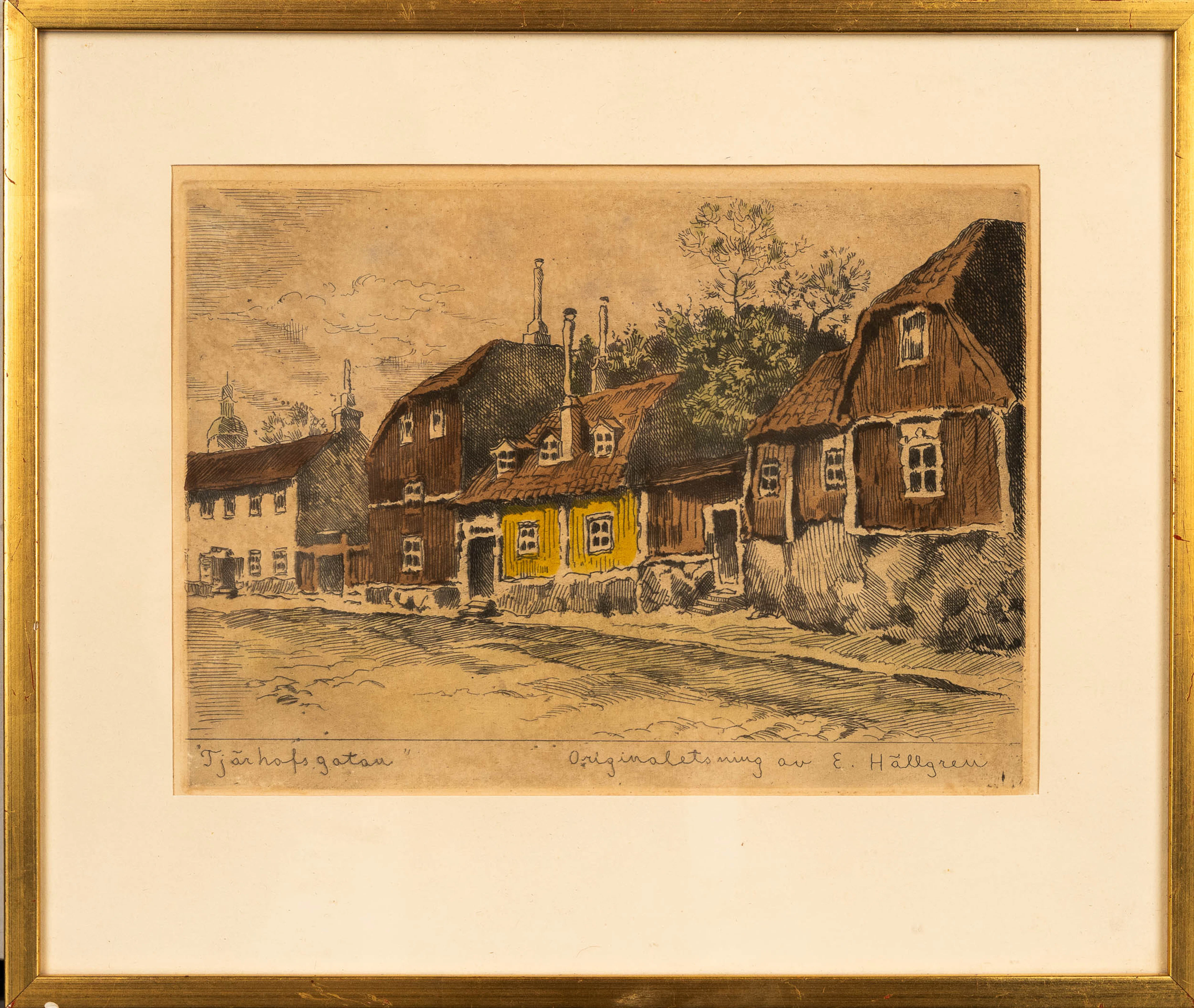 ERNST HÄLLGREN. Färgetsning, "Tjärhofsgatan", Signerad.