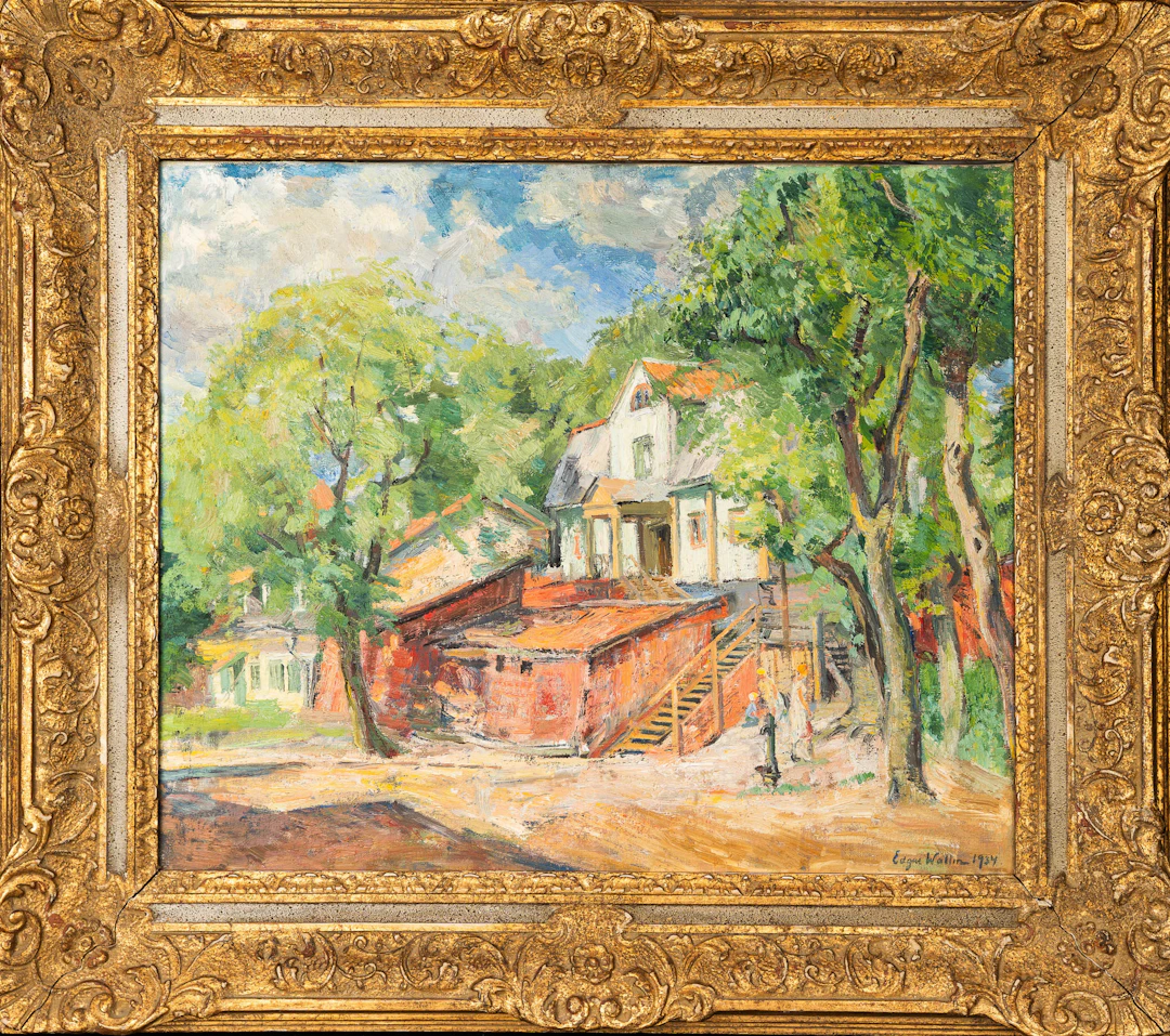 EDGAR WALLIN. Olja på duk, Hus i landskap, Signerad och daterad 1934.