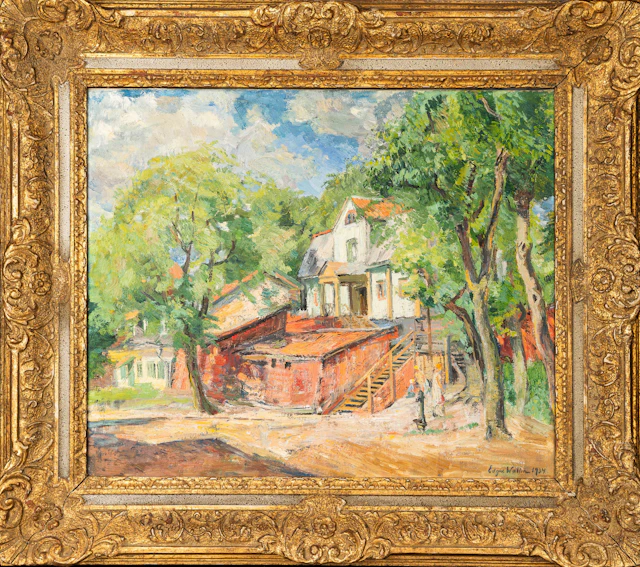 EDGAR WALLIN. Olja på duk, Hus i landskap, Signerad och daterad 1934.