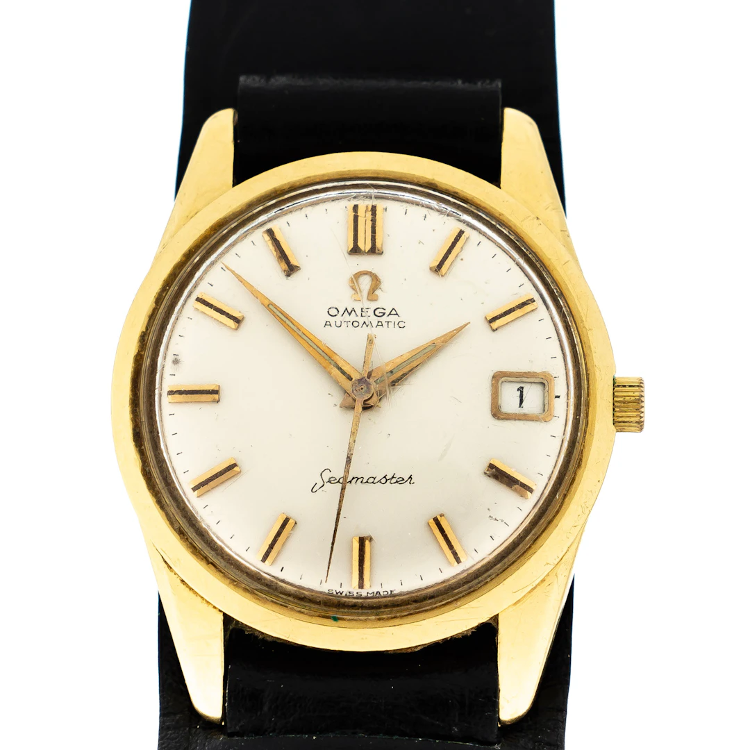 OMEGA. Armbandsur, herr, "Seamaster", 18K guld, Originaletui, 1960-tal.