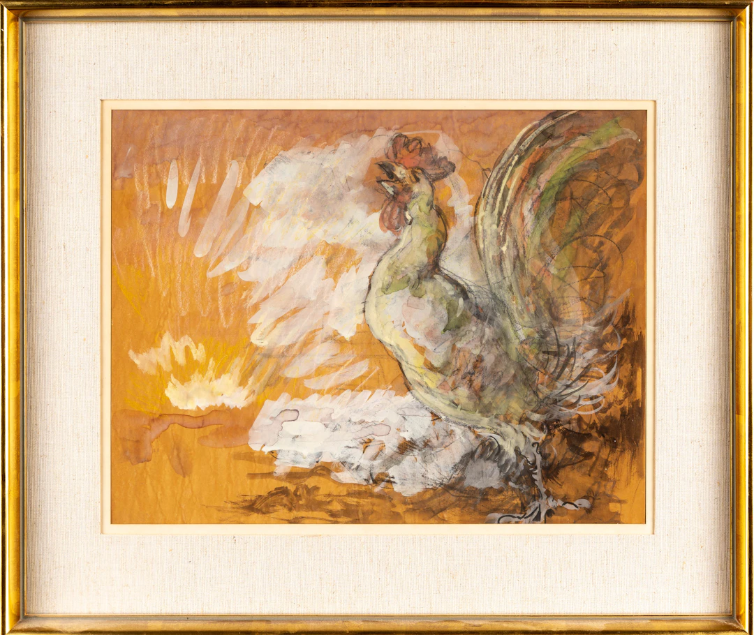 ROBERT HÖGFELDT. Blandteknik på papper, motiv av tupp, 1900-tal, osignerad.