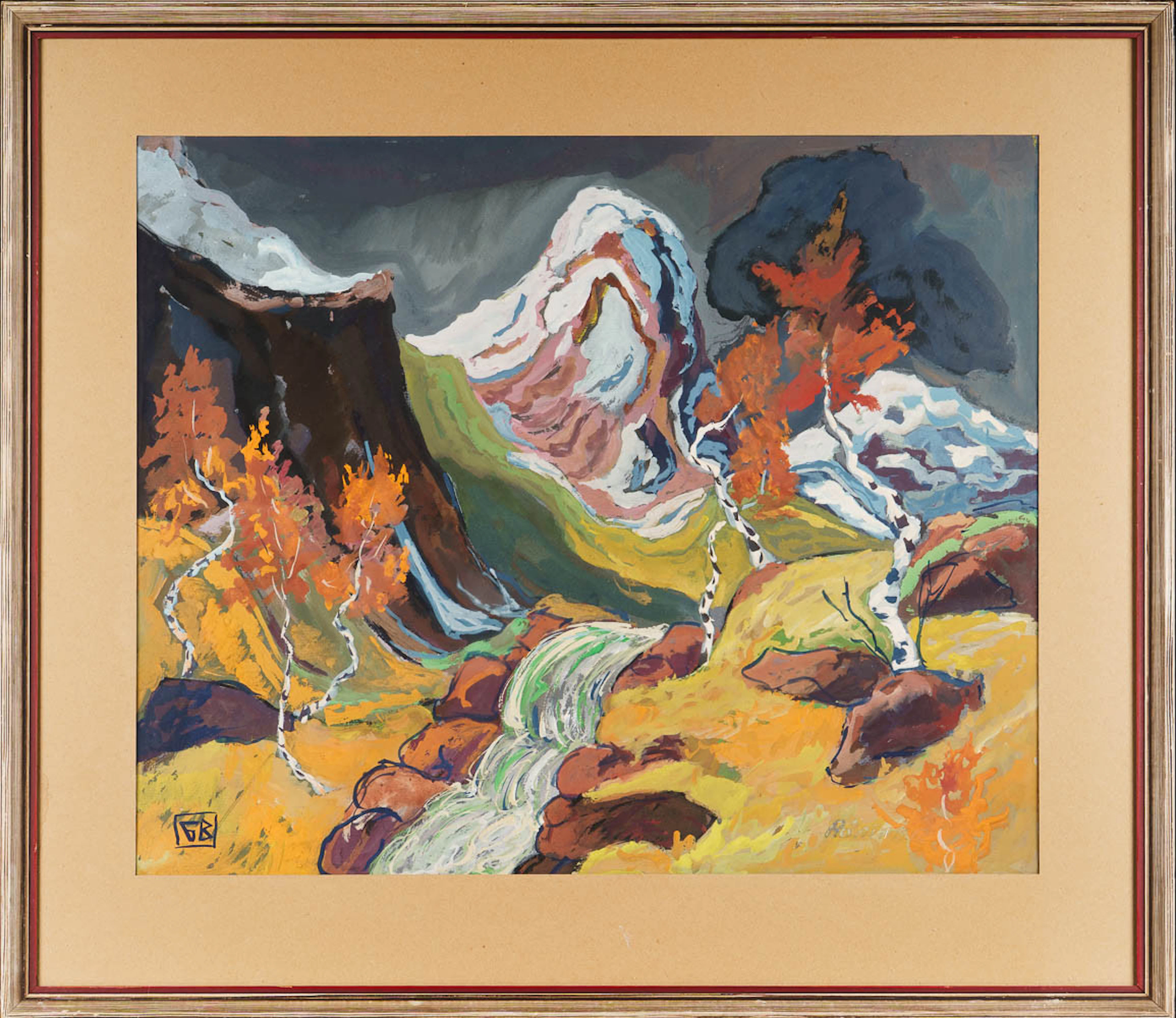 GUSTAF BÖRTNER ZANDT. Blandteknik, "Fjällandskap Rönnar", Monogramsignerad.