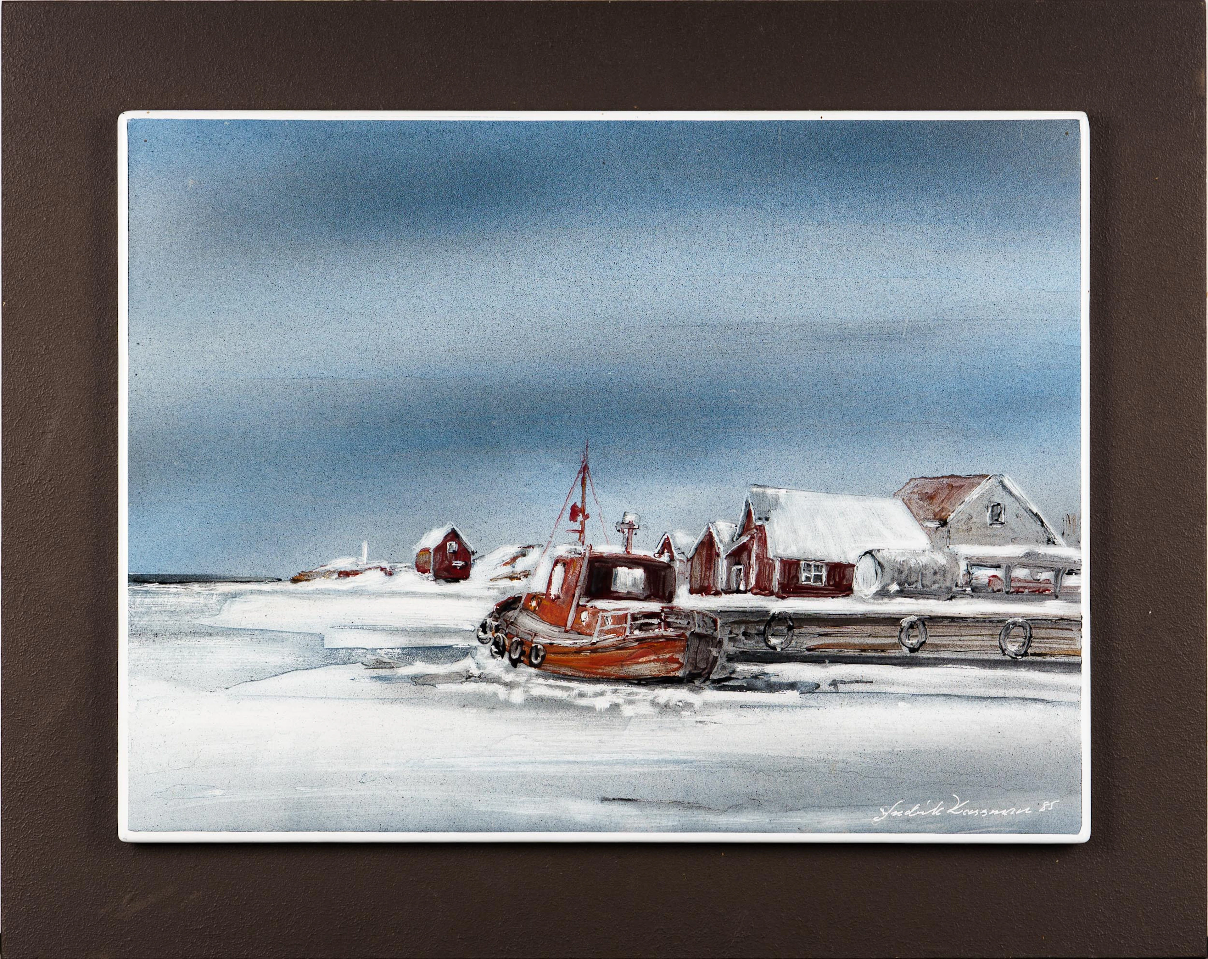 FREDRIK KASSMAN. Emalj på plåt, Hamn- och husmotiv, Signerad och daterad 1985.