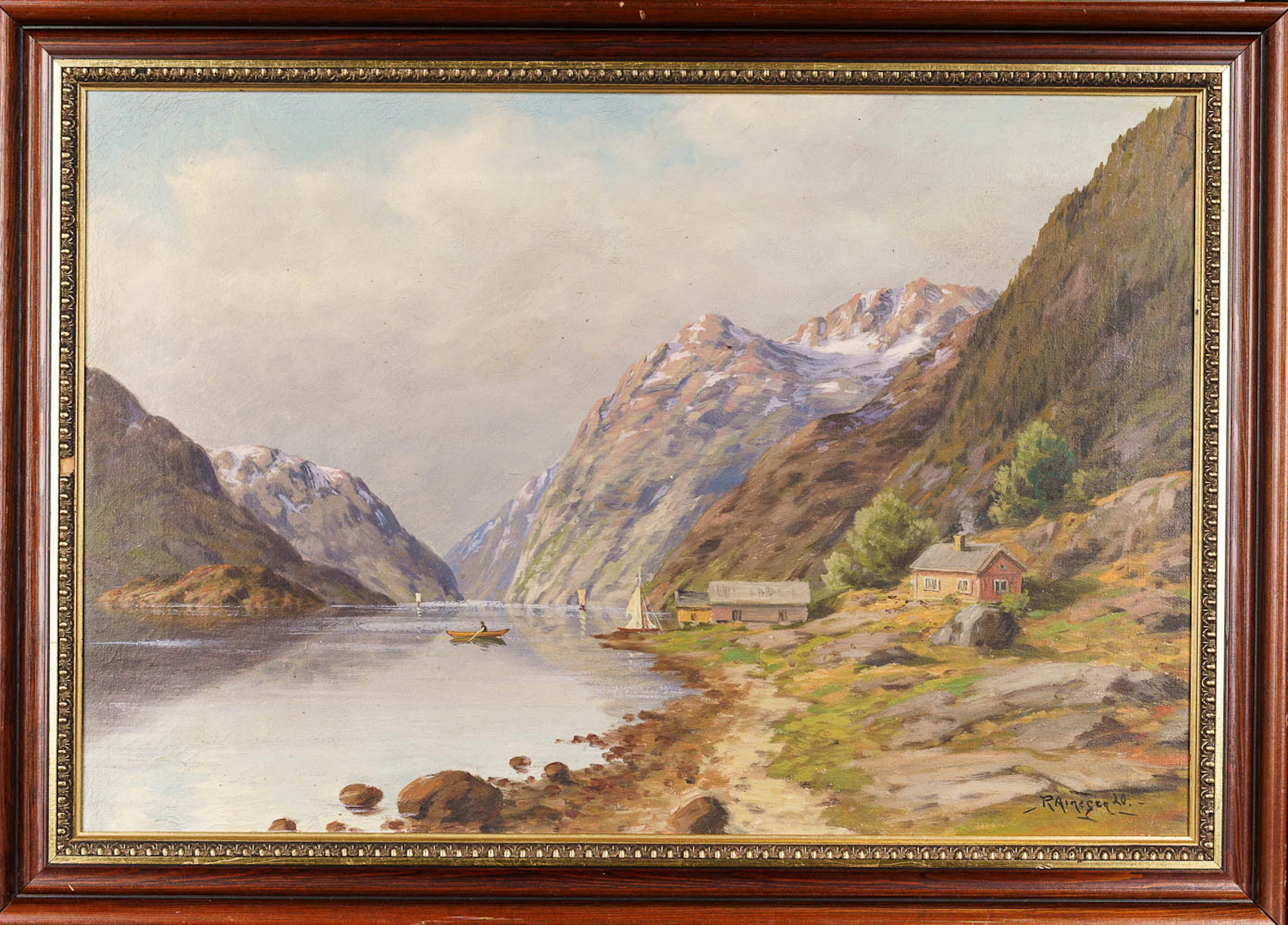REINHARD ARNESEN. Olja på duk, "Norskt Fjordlandskap". Signerad och