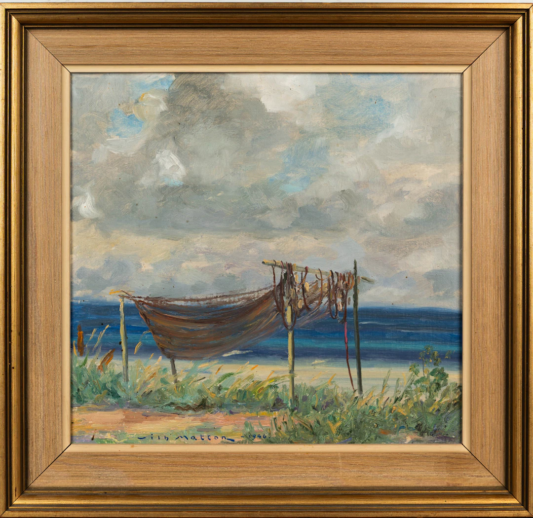 MAGNI PERSSON. Olja på pannå, "Nät" signerad, daterad 1946.