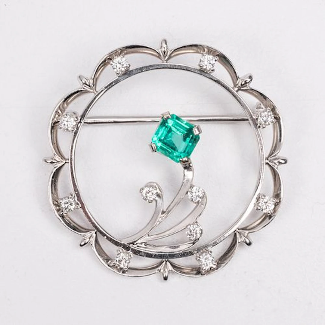 A 14kt White Gold, Tourmaline and Moissonite Brooch