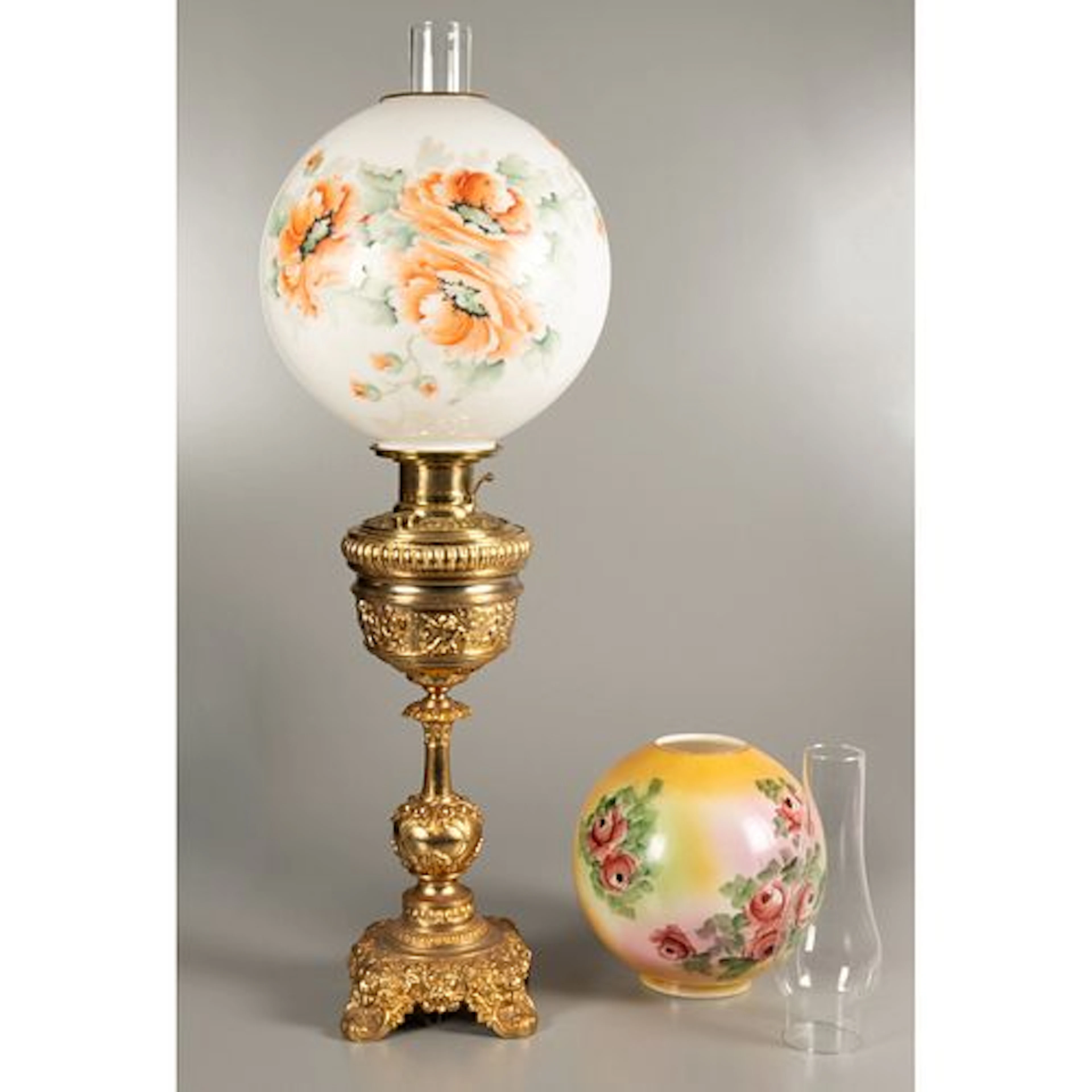 A Rochester Kerosene Parlor Lamp, with Painted Glass Shade