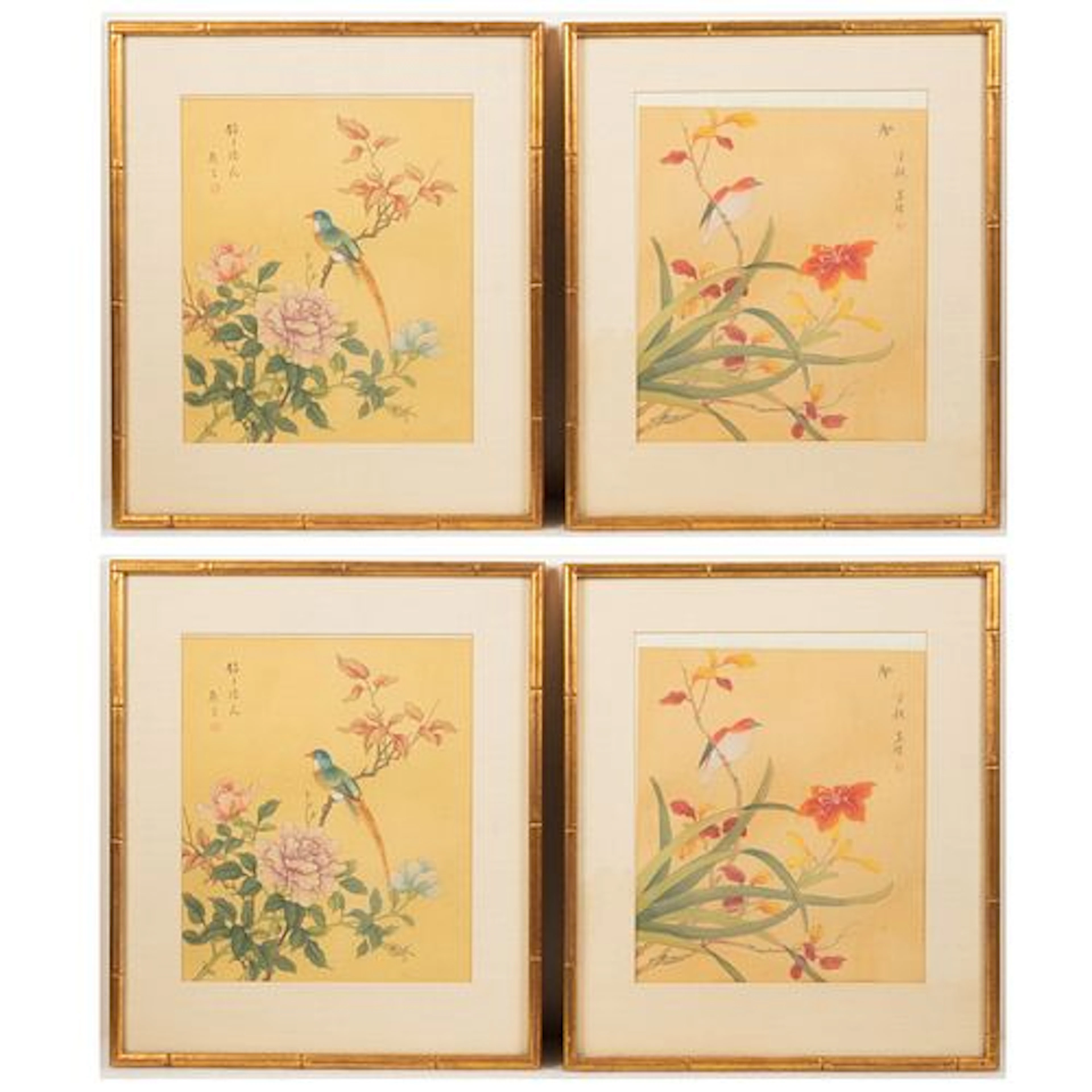 Four Japanese Ink & Gouache Paintings on Silk