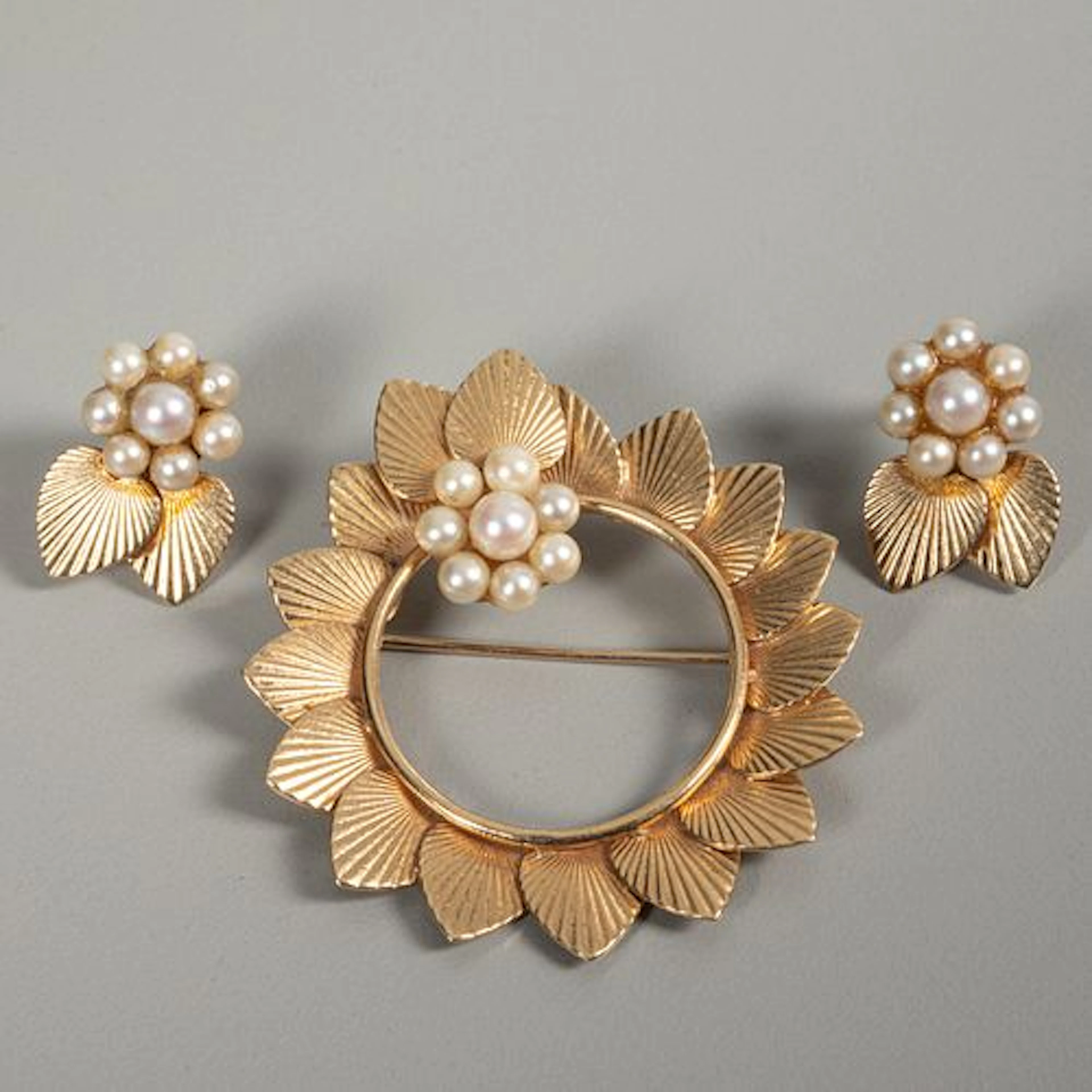14kt Gold and Pearl Brooch and Earrings