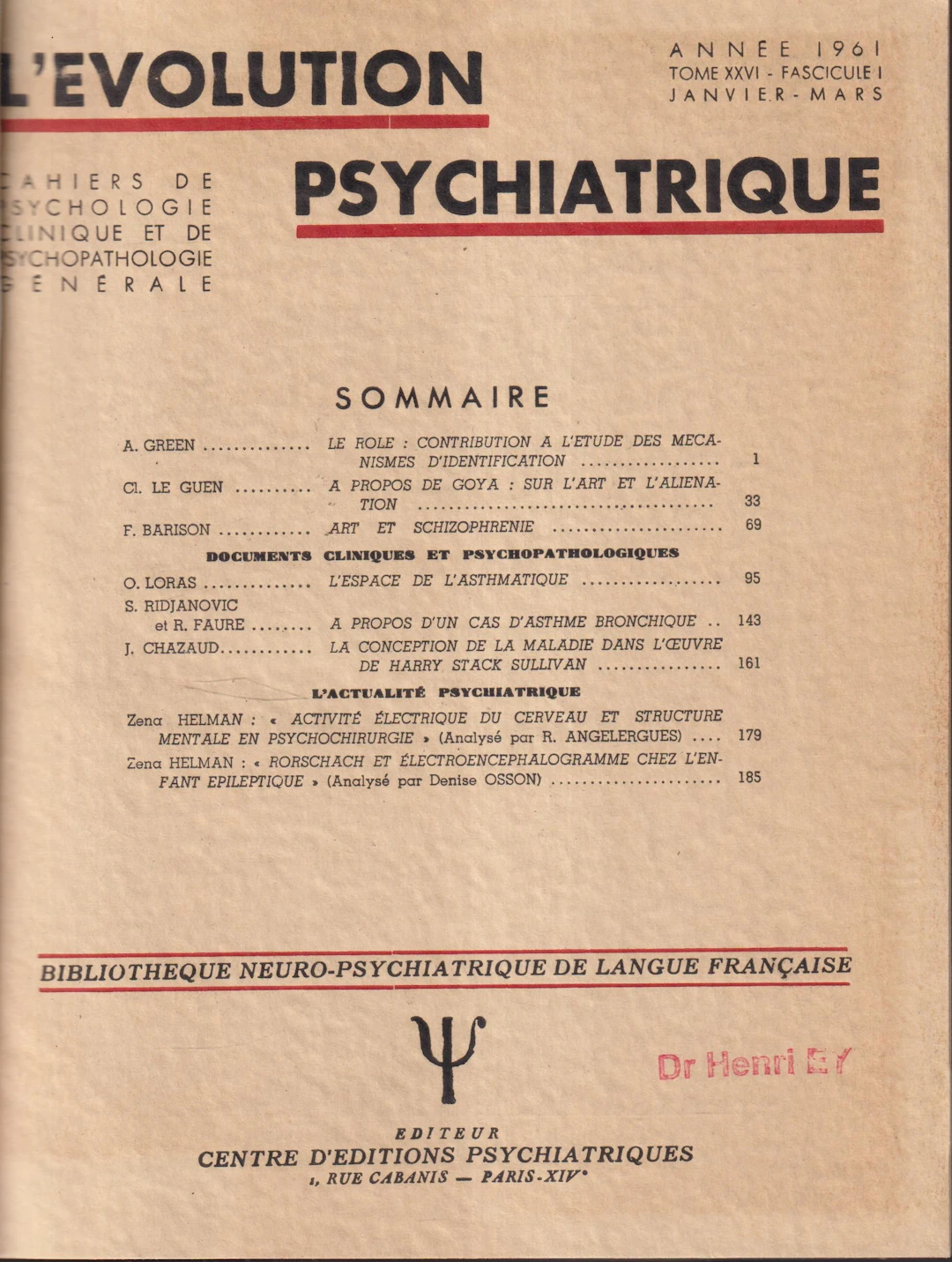 [First Edition] L'Evolution Psychiatrique année complète...