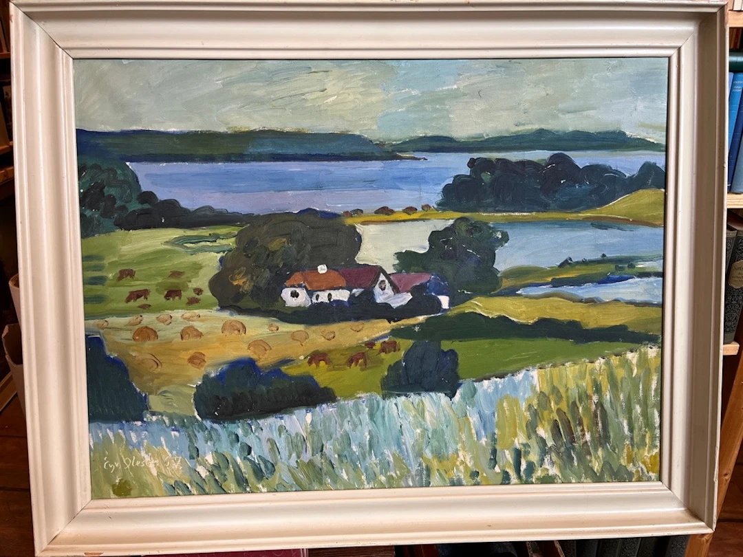 [Signed] [First Edition] Orig.-Ölgemälde Eyvind Olesen "Haus am See" Olesen