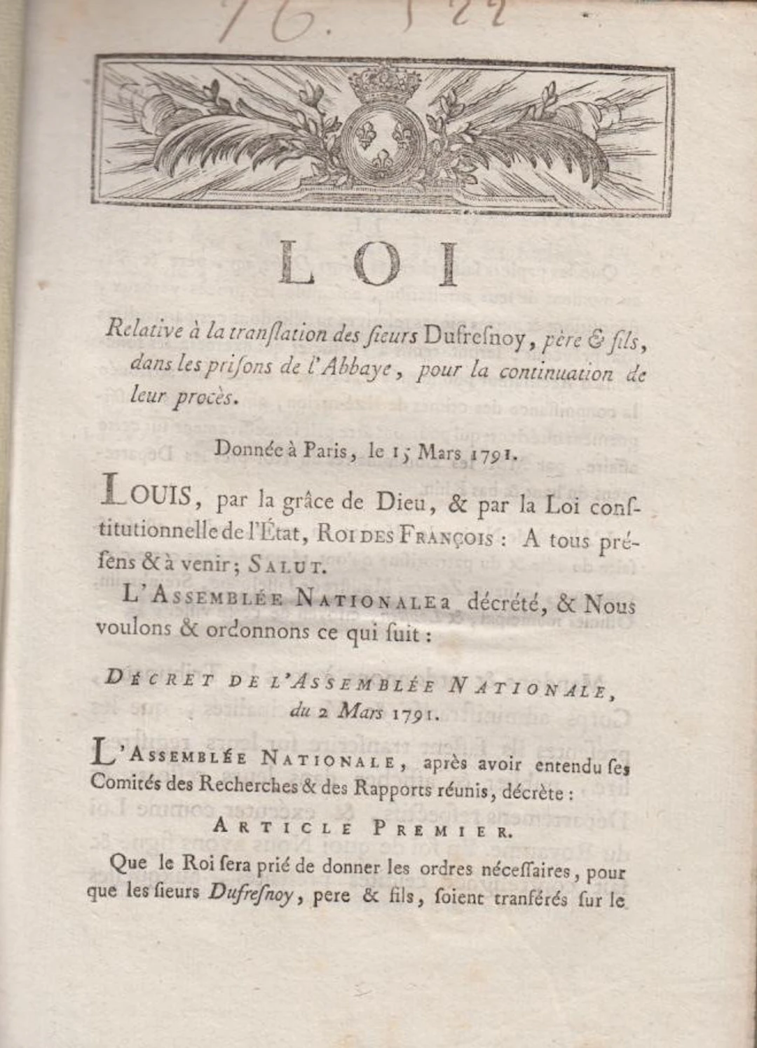 [Signed] [First Edition] Loi relative à la translation des sieurs Dufresnoy