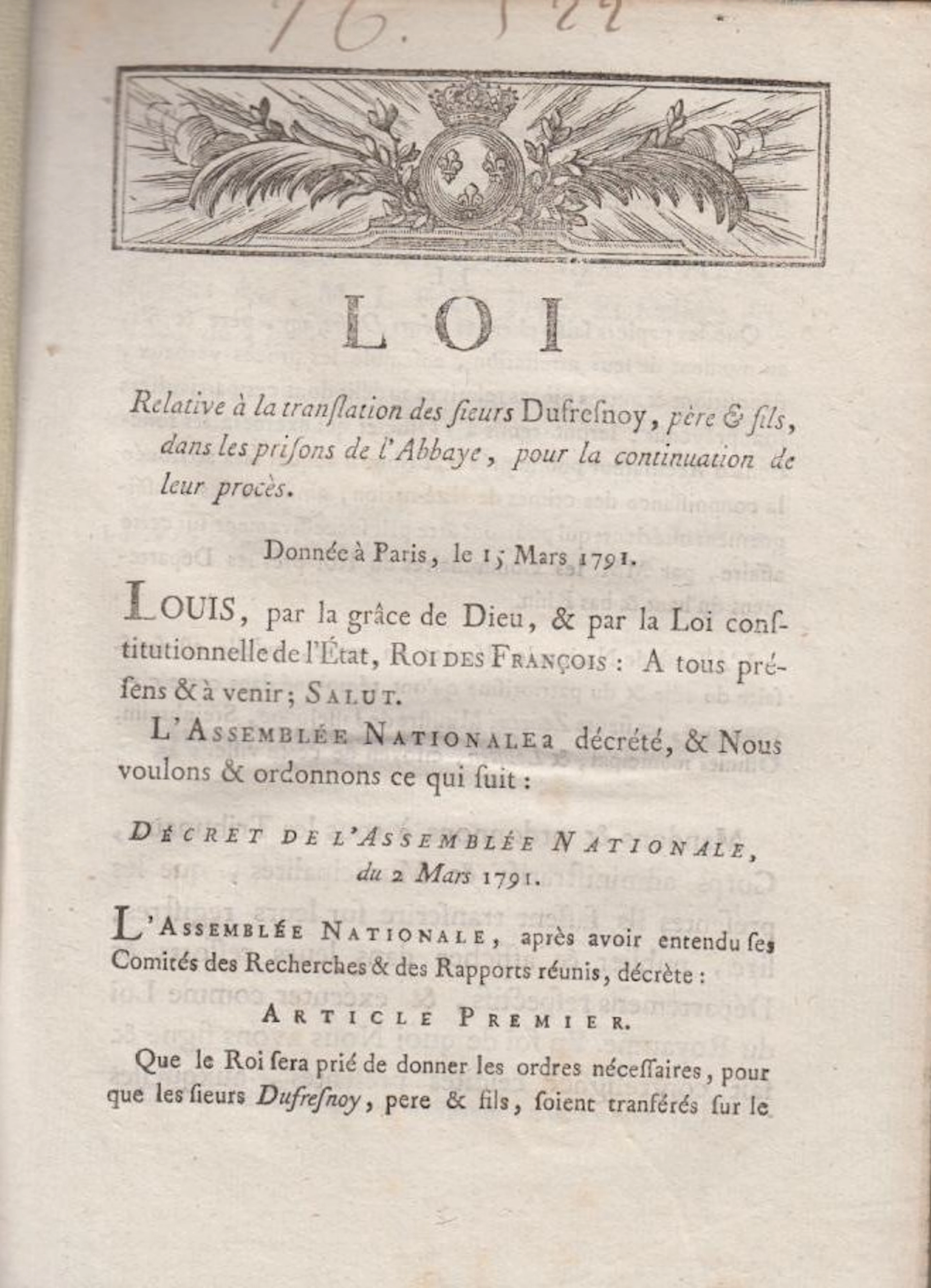 [Signed] [First Edition] Loi relative à la translation des sieurs Dufresnoy