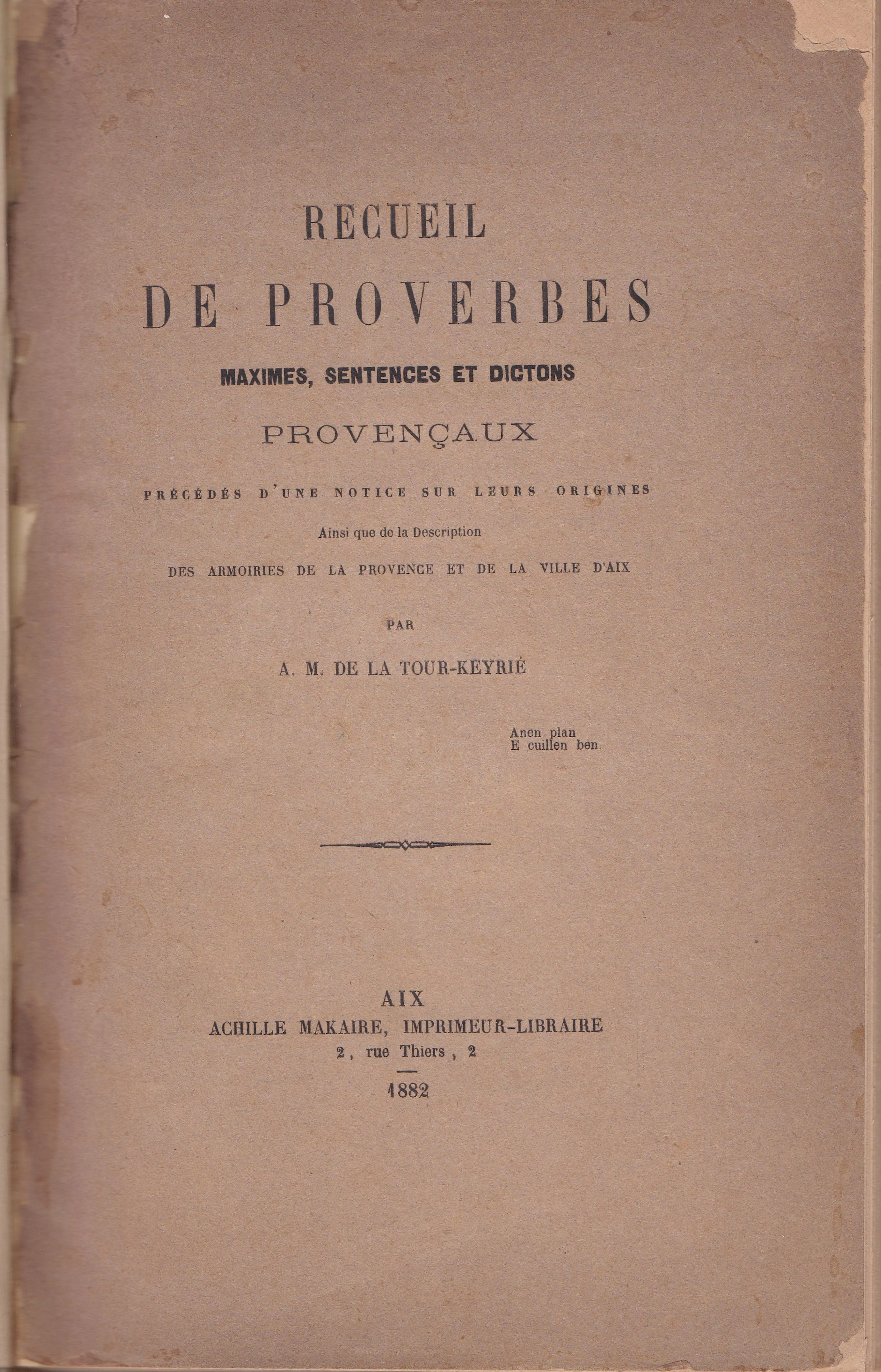 [First Edition] Recueil de proverbes maximes