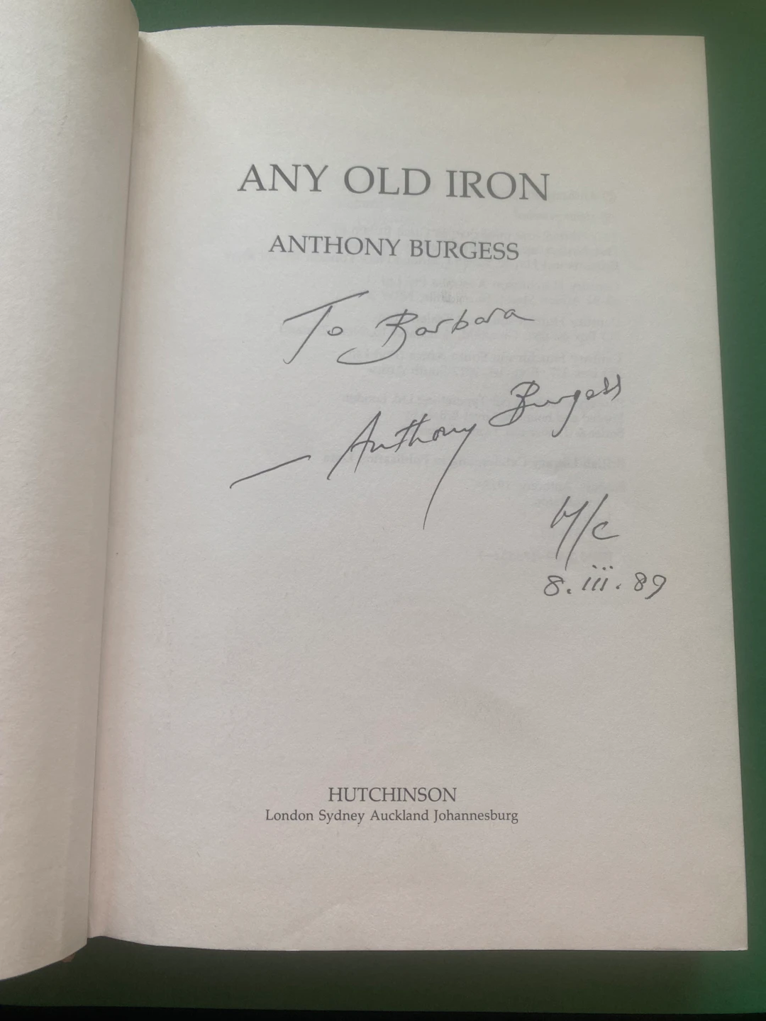 [Signed] [First Edition] Any Old Iron (signed) Burgess