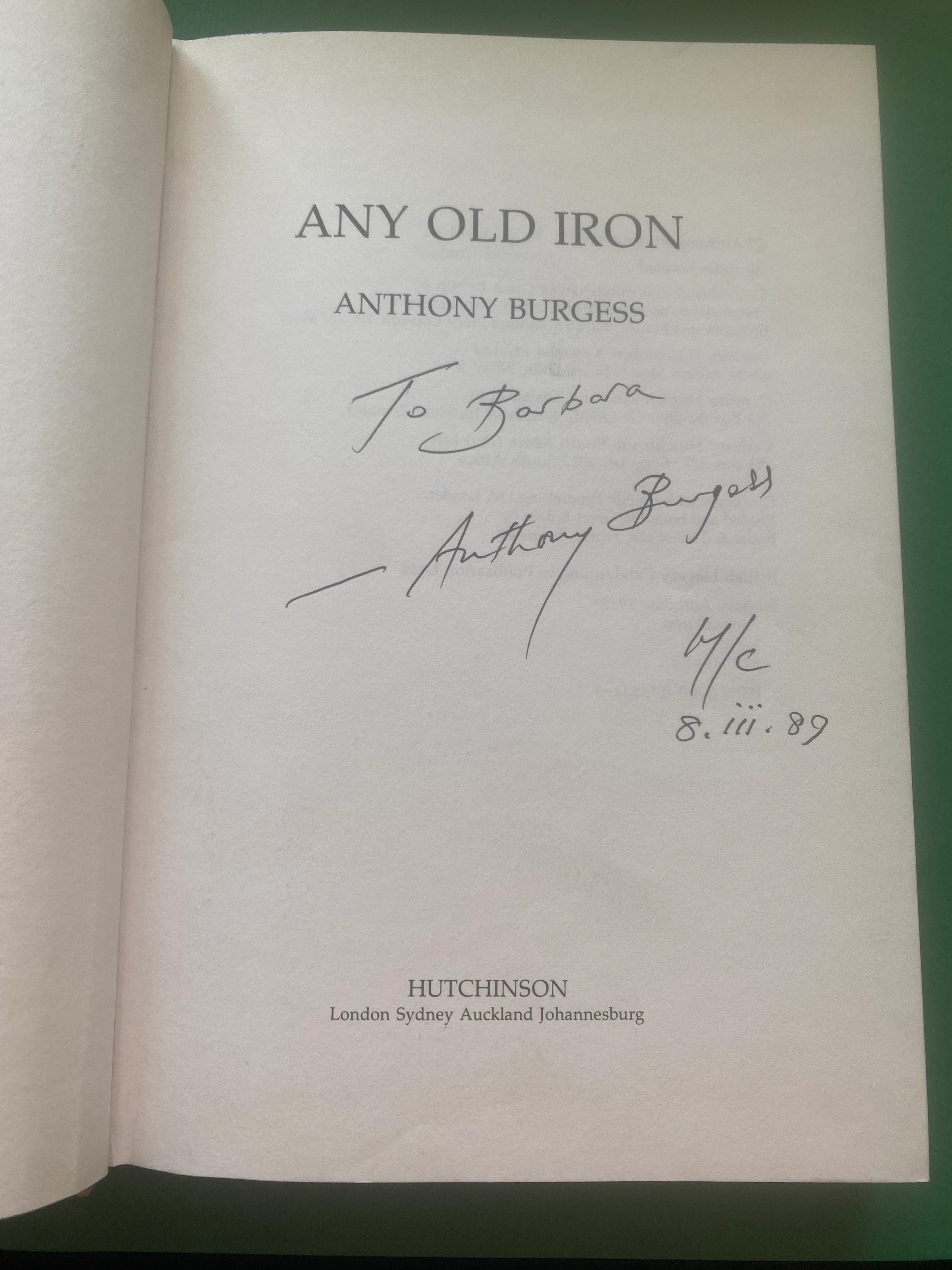 [Signed] [First Edition] Any Old Iron (signed) Burgess