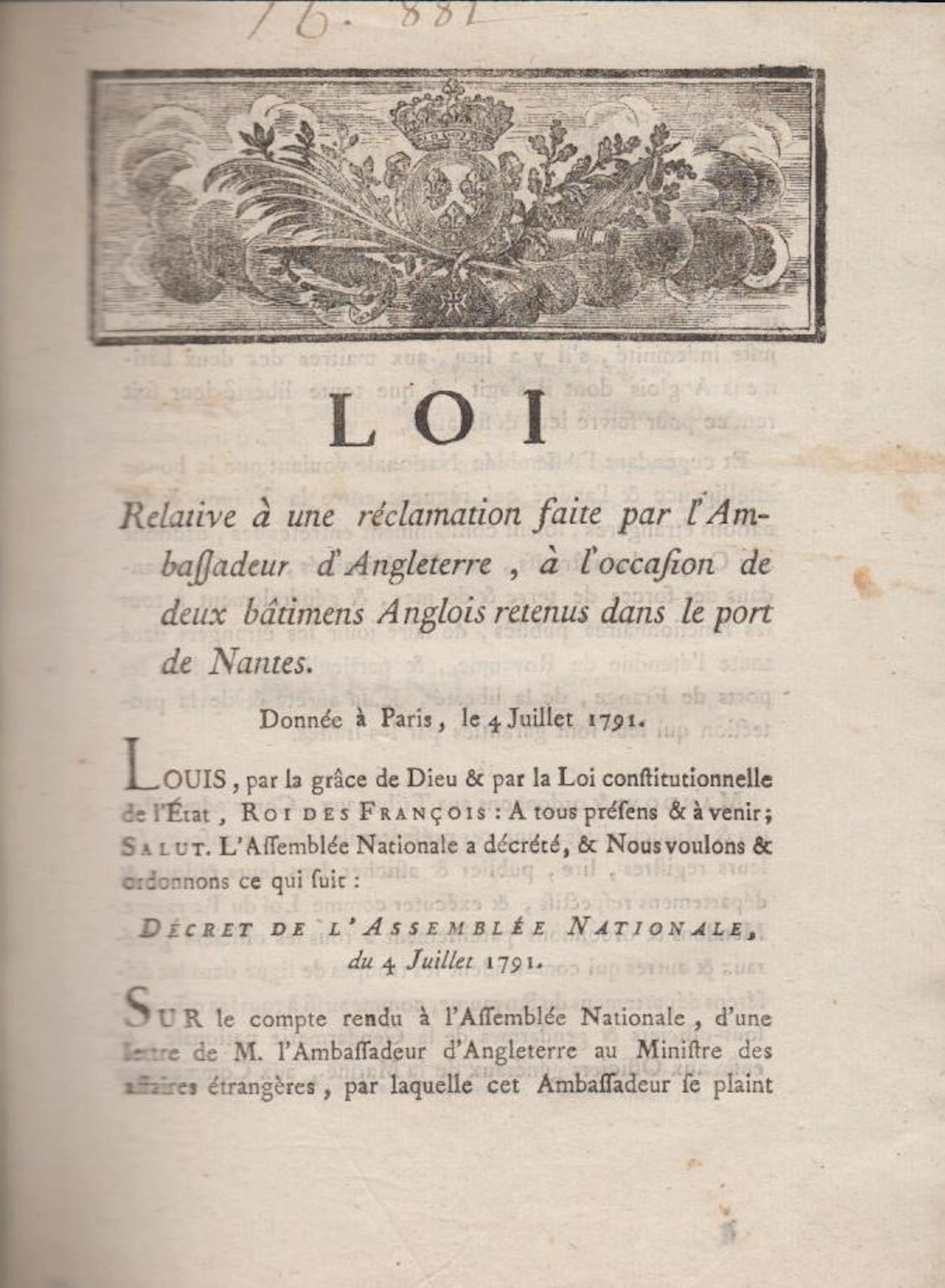 [Signed] [First Edition] Loi relative à une réclamation...