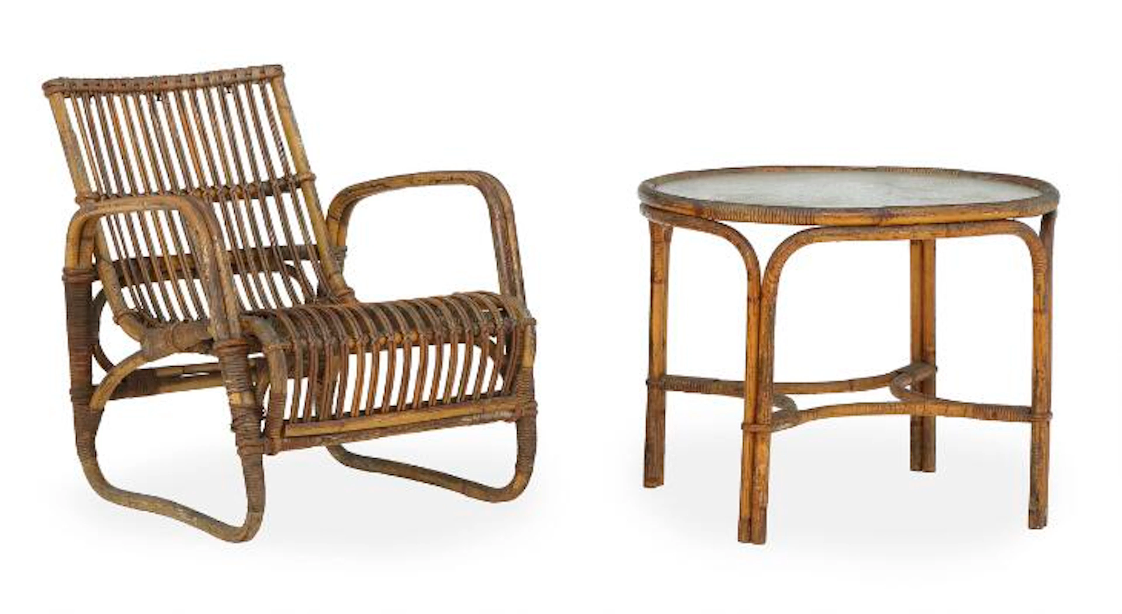 Robert Wengler: Armchair and circular coffee table in rattan and wicker