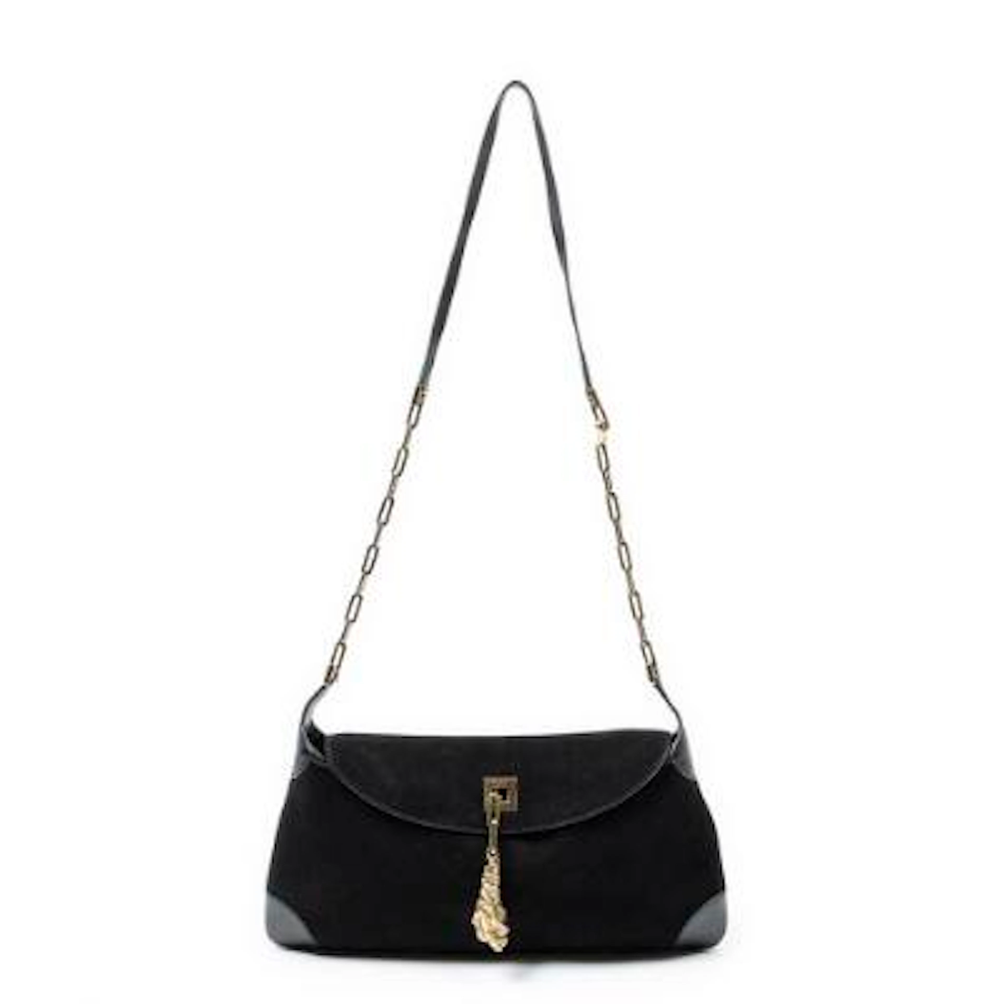 Gucci: A "Tiger Charm Chain Flap" bag in black suede with black leather
