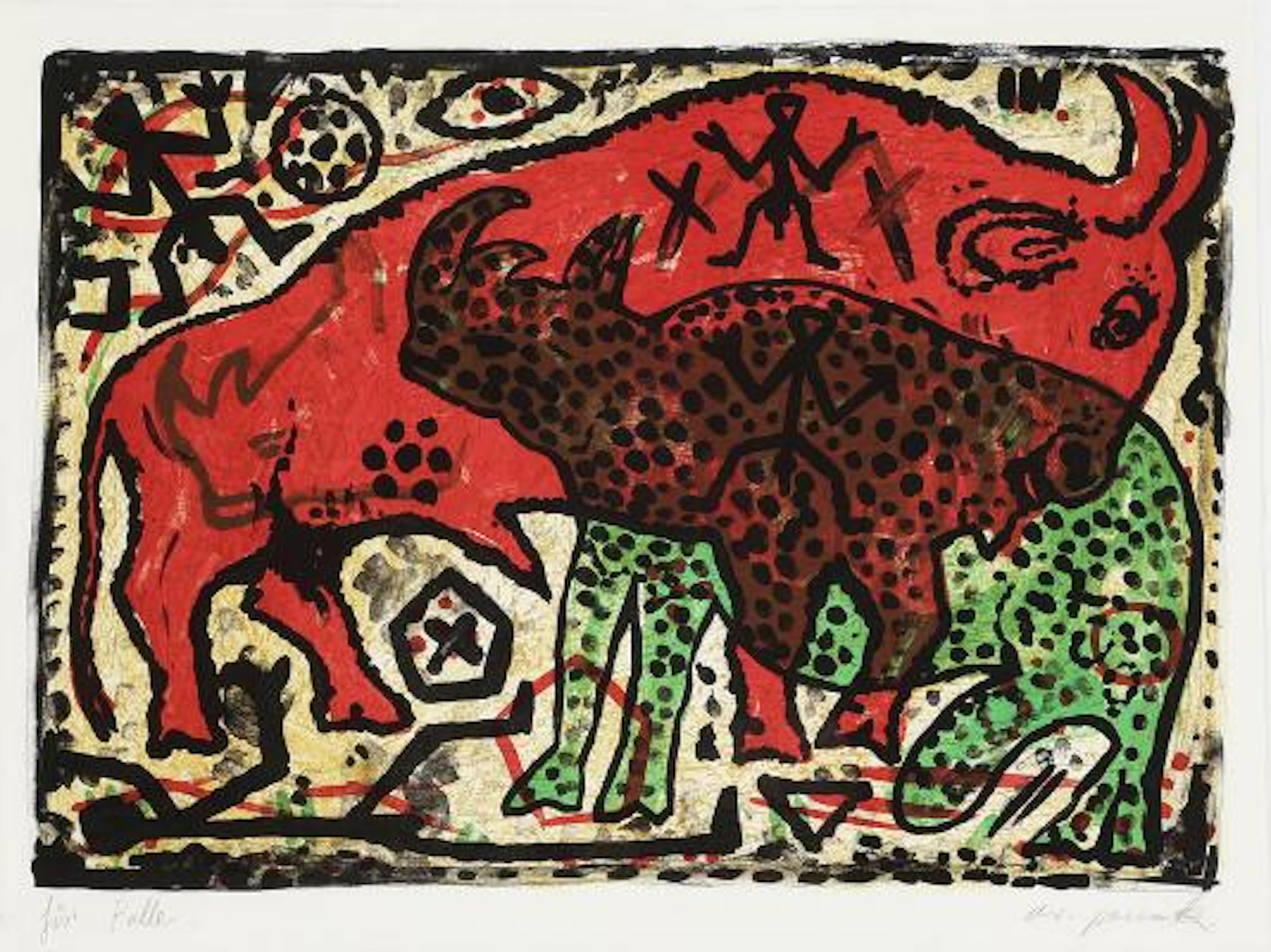 A. R. Penck: Ohne Titel, 1995. Signed with dedication. Lithograph